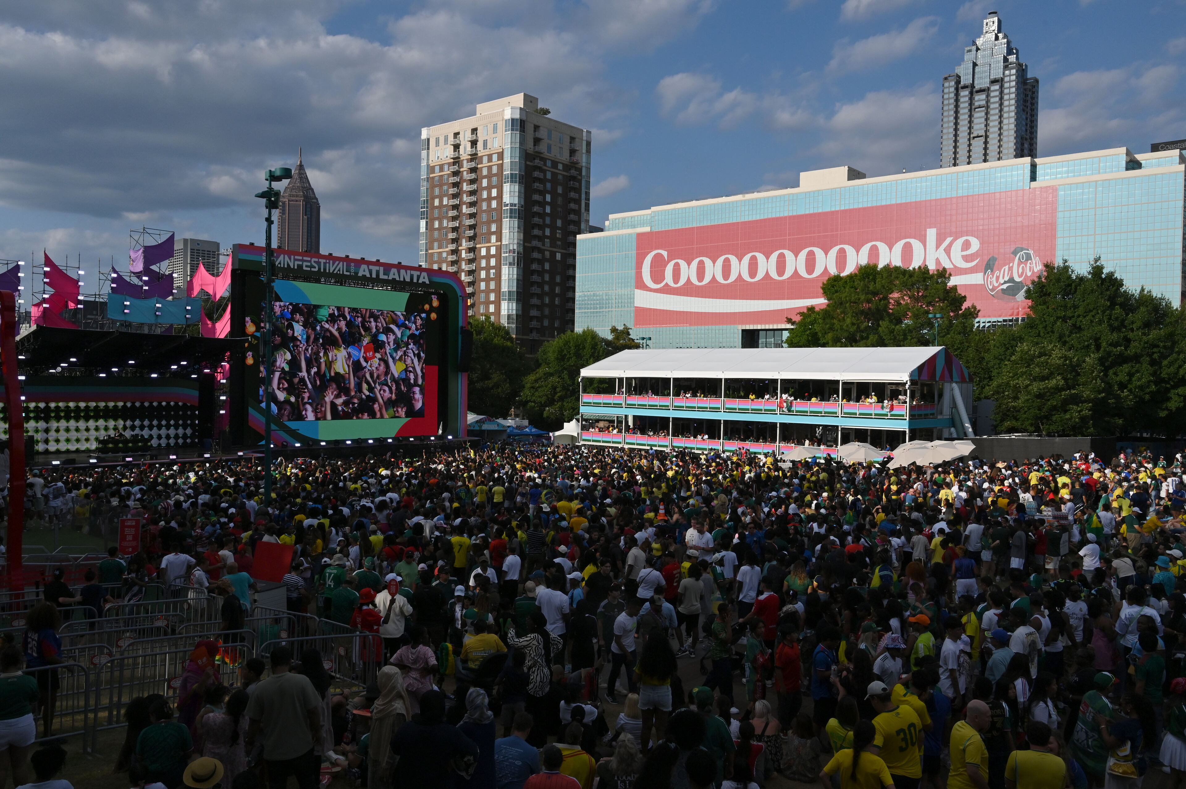 Soccer fans gather to watch the match between Brazil vs. Scotland at the FIFA Fan Festival in Centennial Olympic Park on Wednesday, June 24, 2026, in Atlanta. (Hyosub Shin/AJC)
