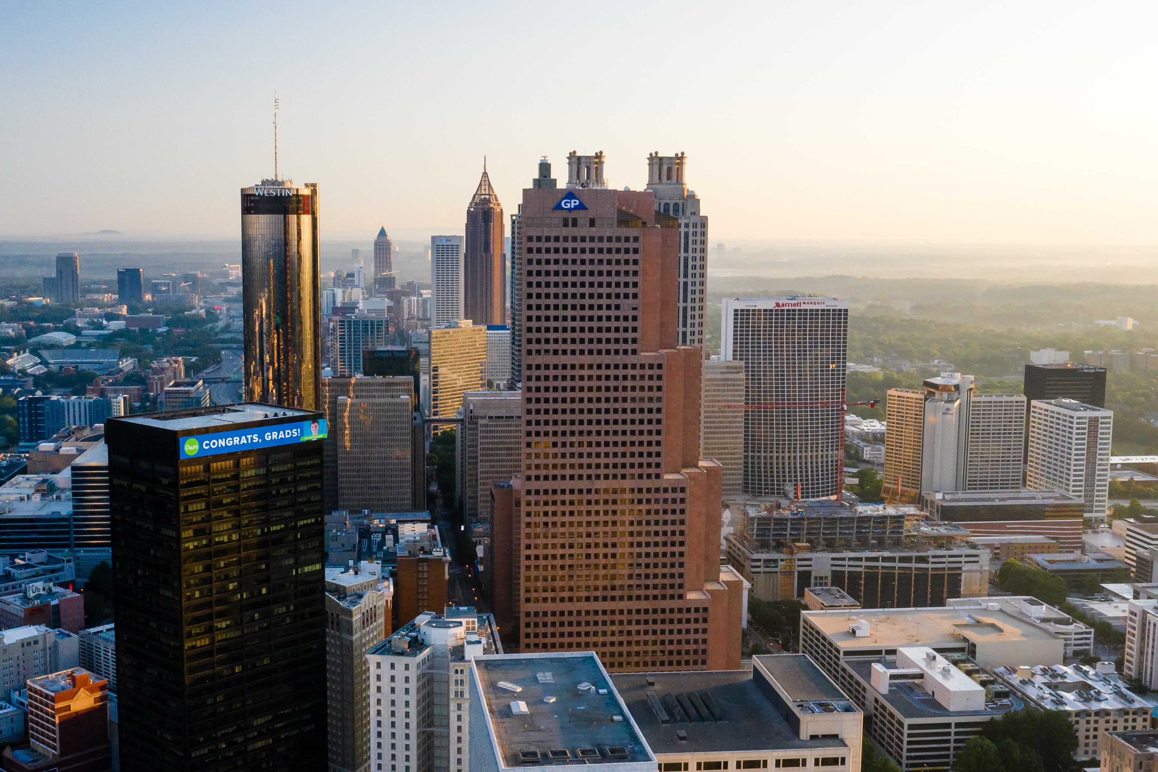 Clad in pink granite, the 697-foot-tall Georgia-Pacific Center is one of Atlanta’s most recognizable structures. (Courtesy Chil & Co for Georgia-Pacific)