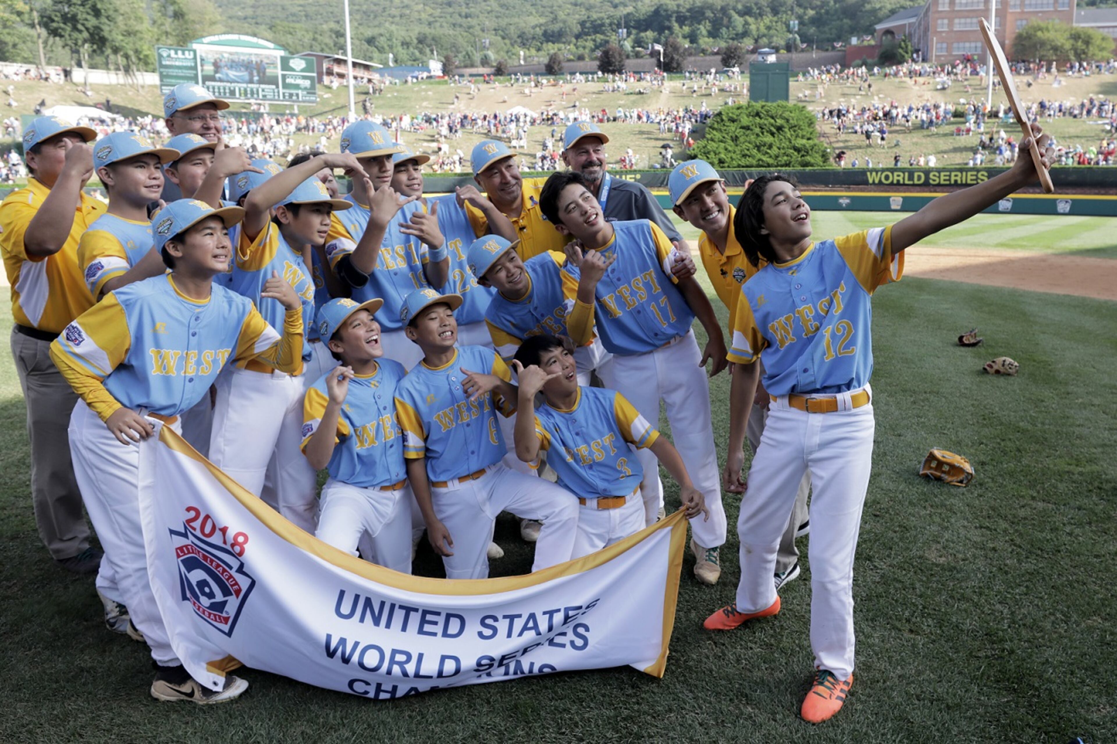SOUTH WILLIAMSPORT, PA - AUGUST 25: Members of the West Region from Hawaii celebrate their 3-0 win over the Southeast Team from Georgia during the U.S. Championship game of the Little League World Series at Lamade Stadium on August 25, 2018 in South Williamsport, Pennsylvania. (Photo by Rob Carr/Getty Images)