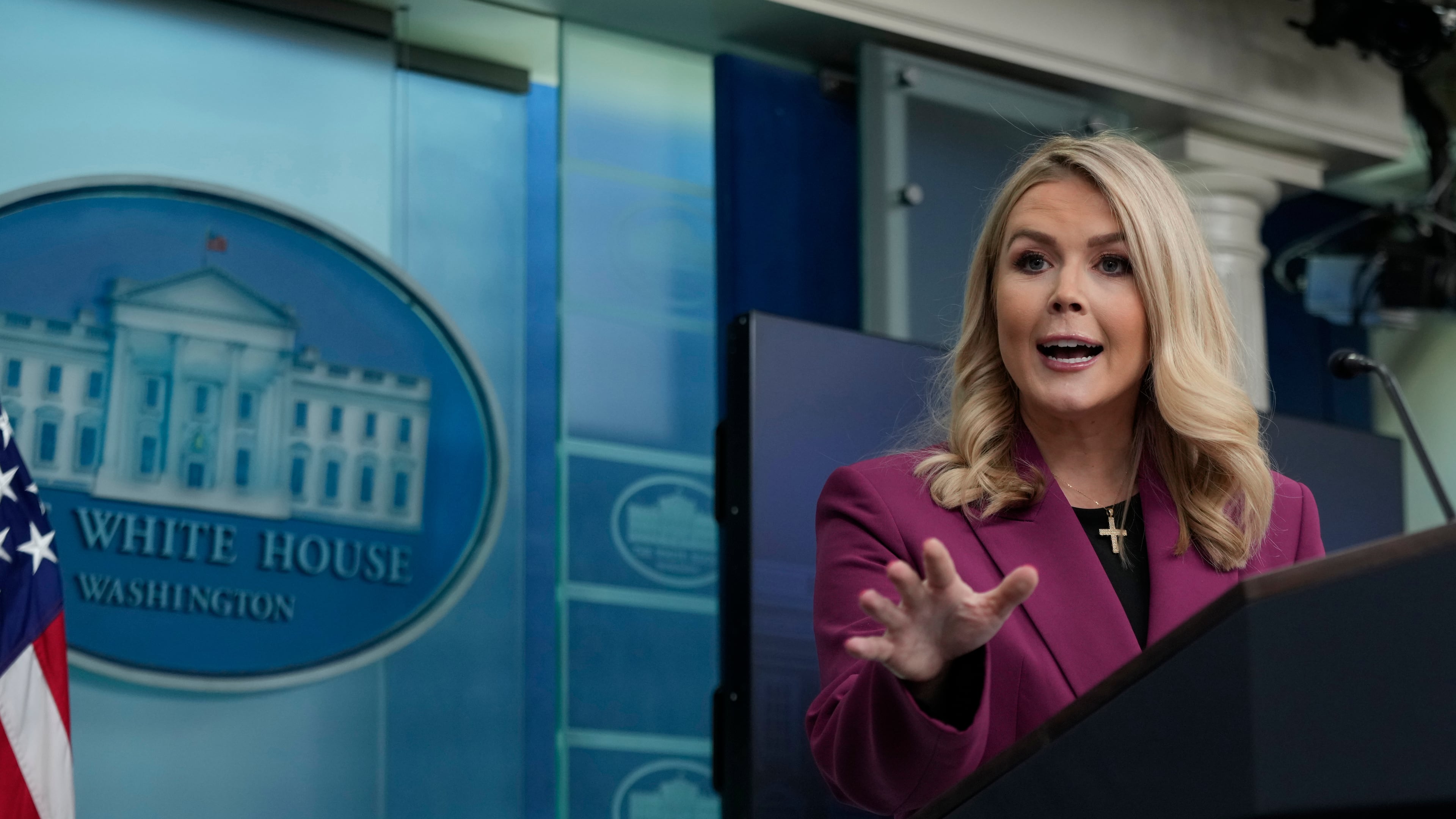 FILE - The then White House press secretary Karoline Leavitt speaks at the daily briefing at the White House in Washington Tuesday, Jan. 28, 2025. (AP Photo/Ben Curtis, File)