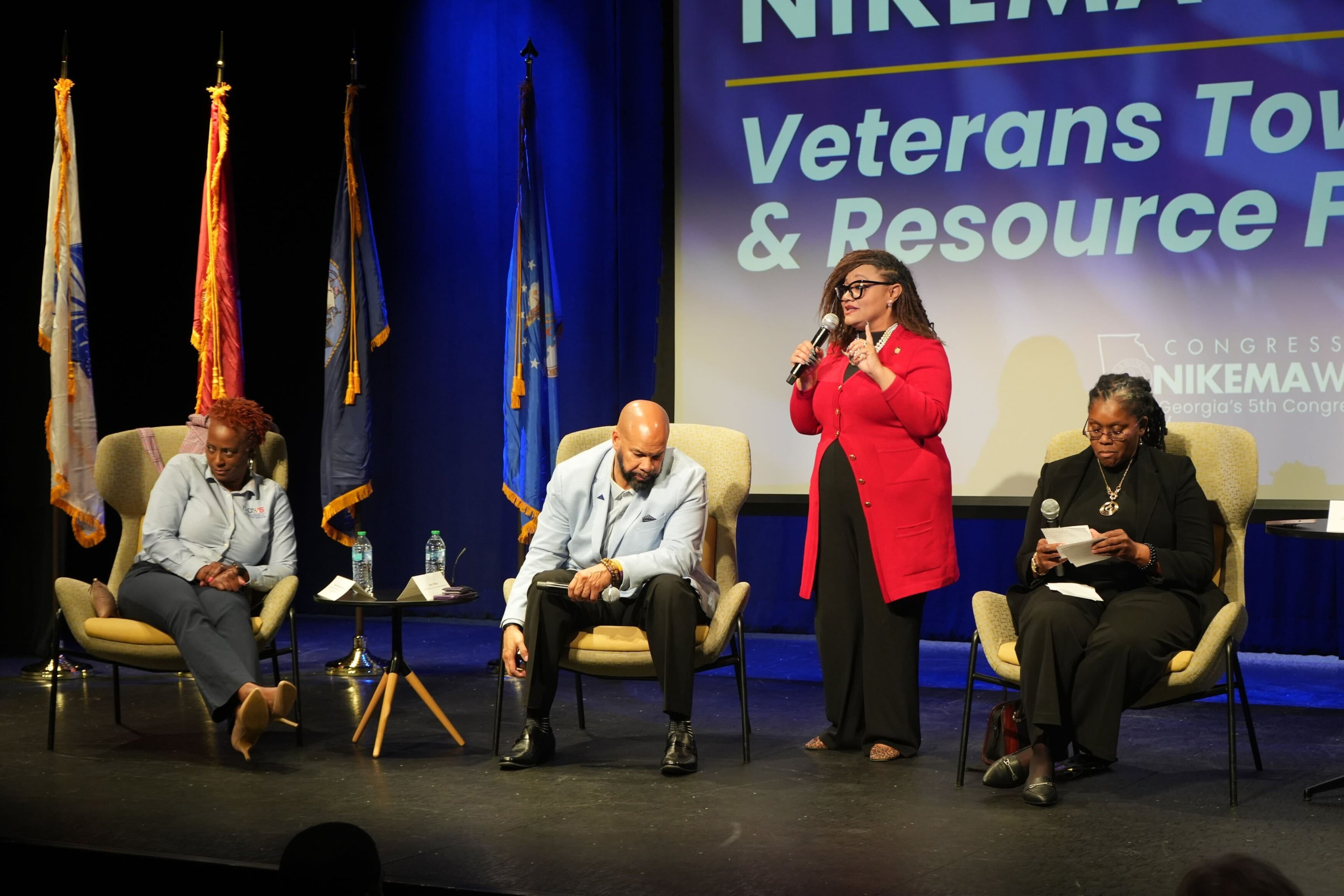 U.S. Rep. Nikema Williams, second from right, speaks during a town hall meeting for veterans on Tuesday. (Courtesy photo)