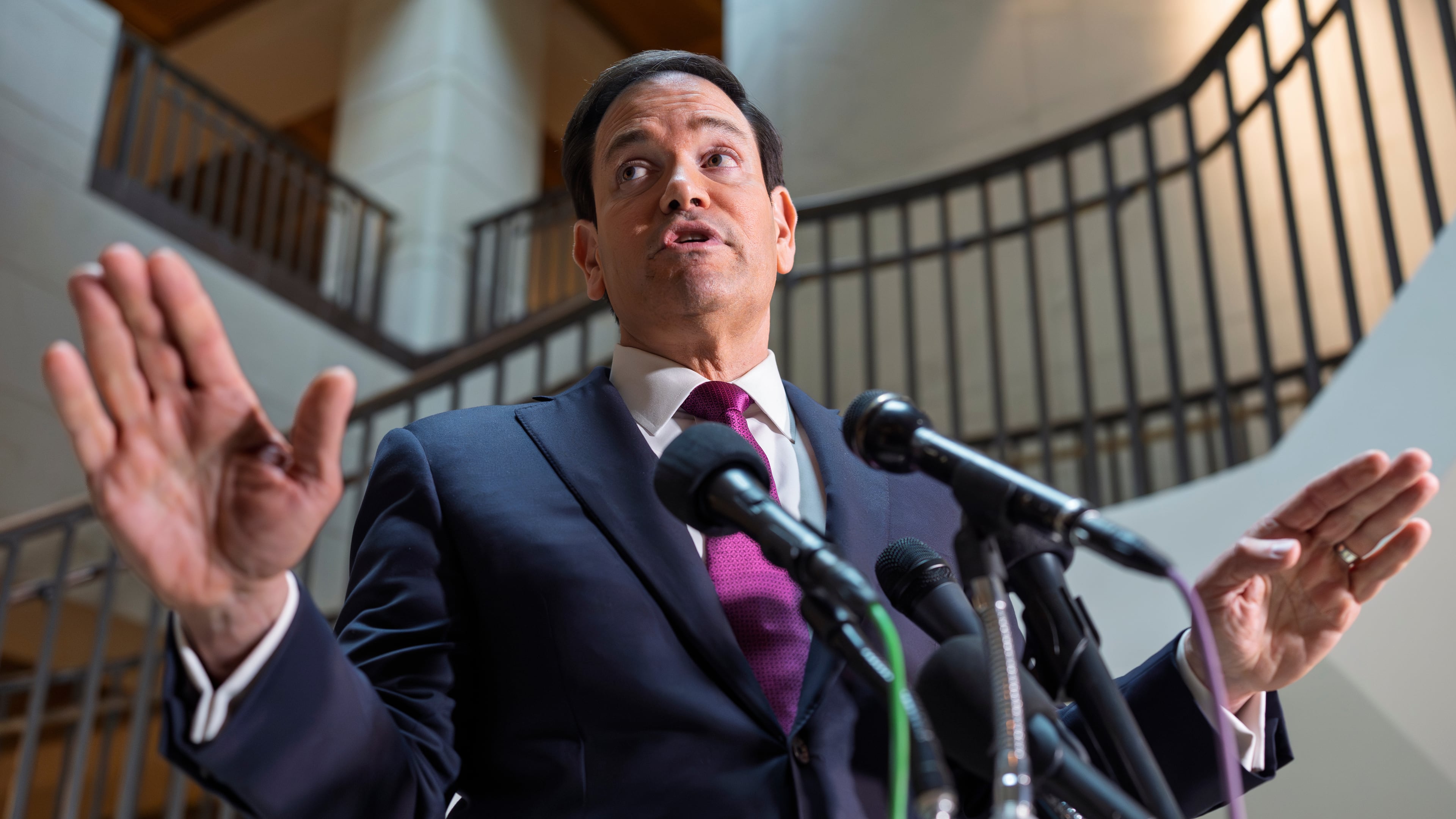 Secretary of State Marco Rubio speaks to reporters as he arrives for an intelligence briefing with top lawmakers on Iran, at the Capitol in Washington, Monday, March 2, 2026. (AP Photo/J. Scott Applewhite)