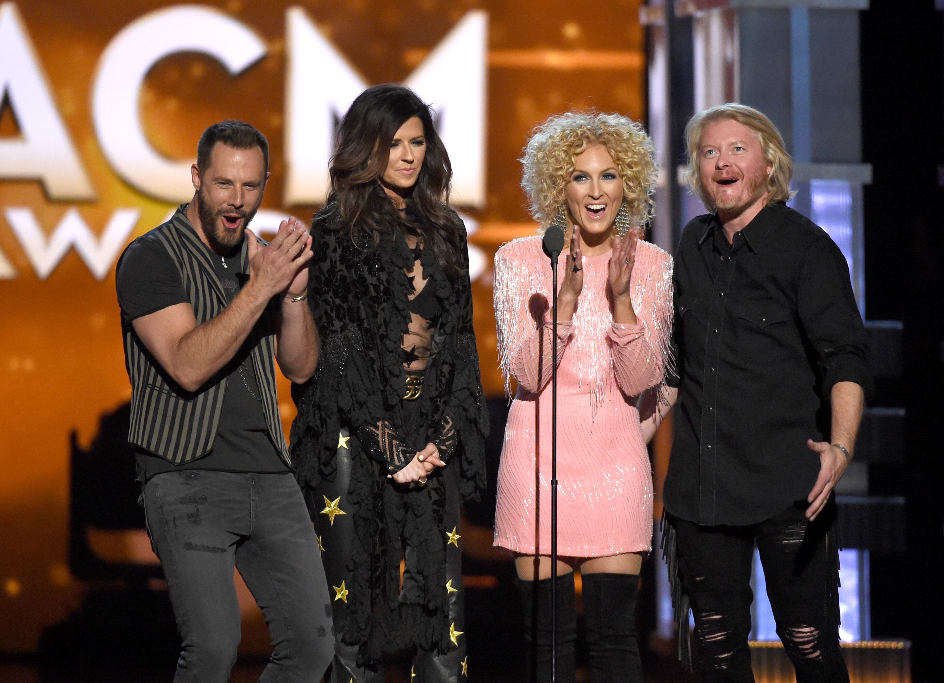 LAS VEGAS, NEVADA - APRIL 03: (L-R) Recording artists Jimi Westbrook, Karen Fairchild, Kimberly Schlapman, and Philip Sweet of music group Little Big Town speak onstage during the 51st Academy of Country Music Awards at MGM Grand Garden Arena on April 3, 2016 in Las Vegas, Nevada. (Photo by Ethan Miller/Getty Images)