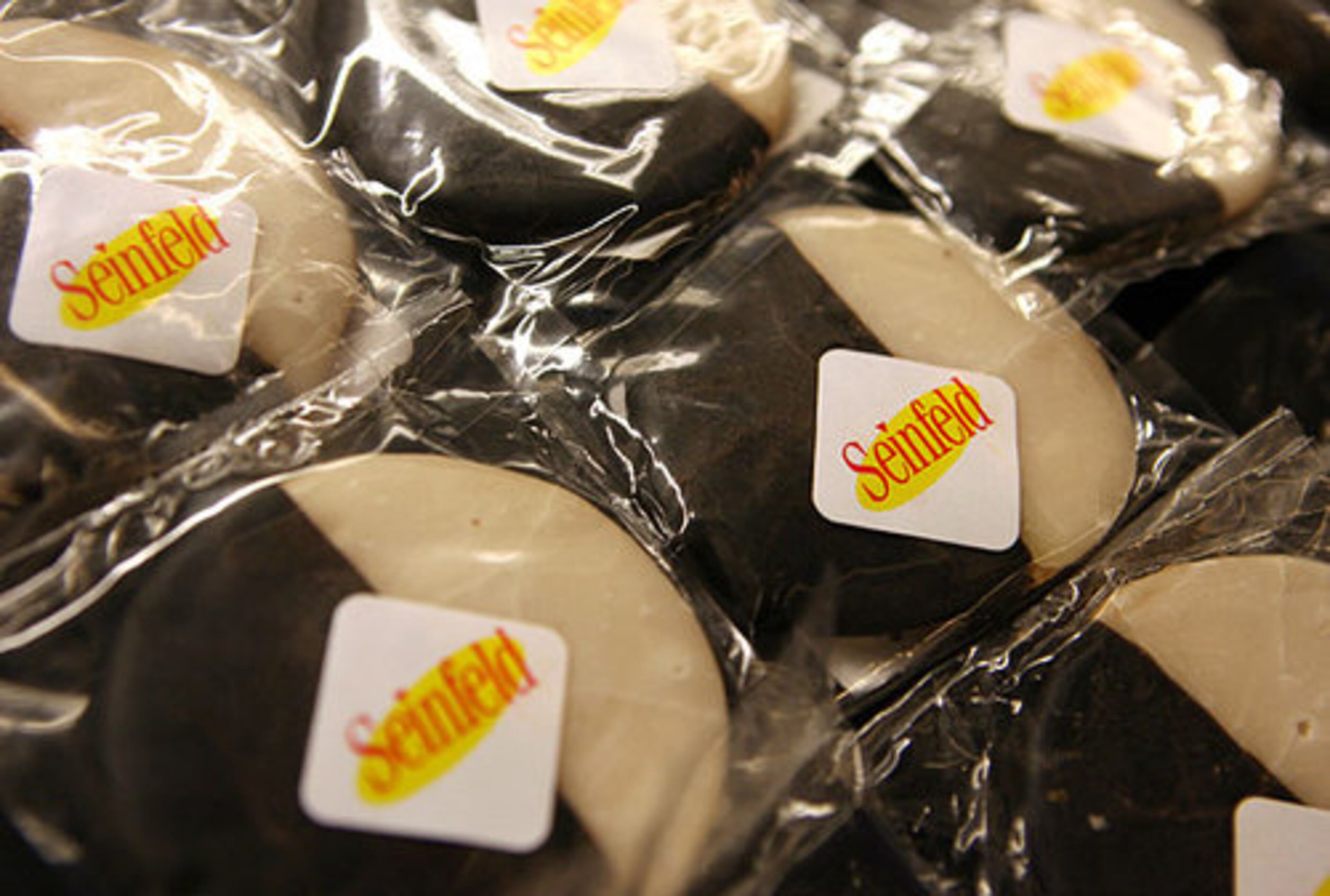 Guests are offered black and white cookies, basis of a joke in a Seinfeld episode, on the Seinfeld bus parked outside Turner Field.