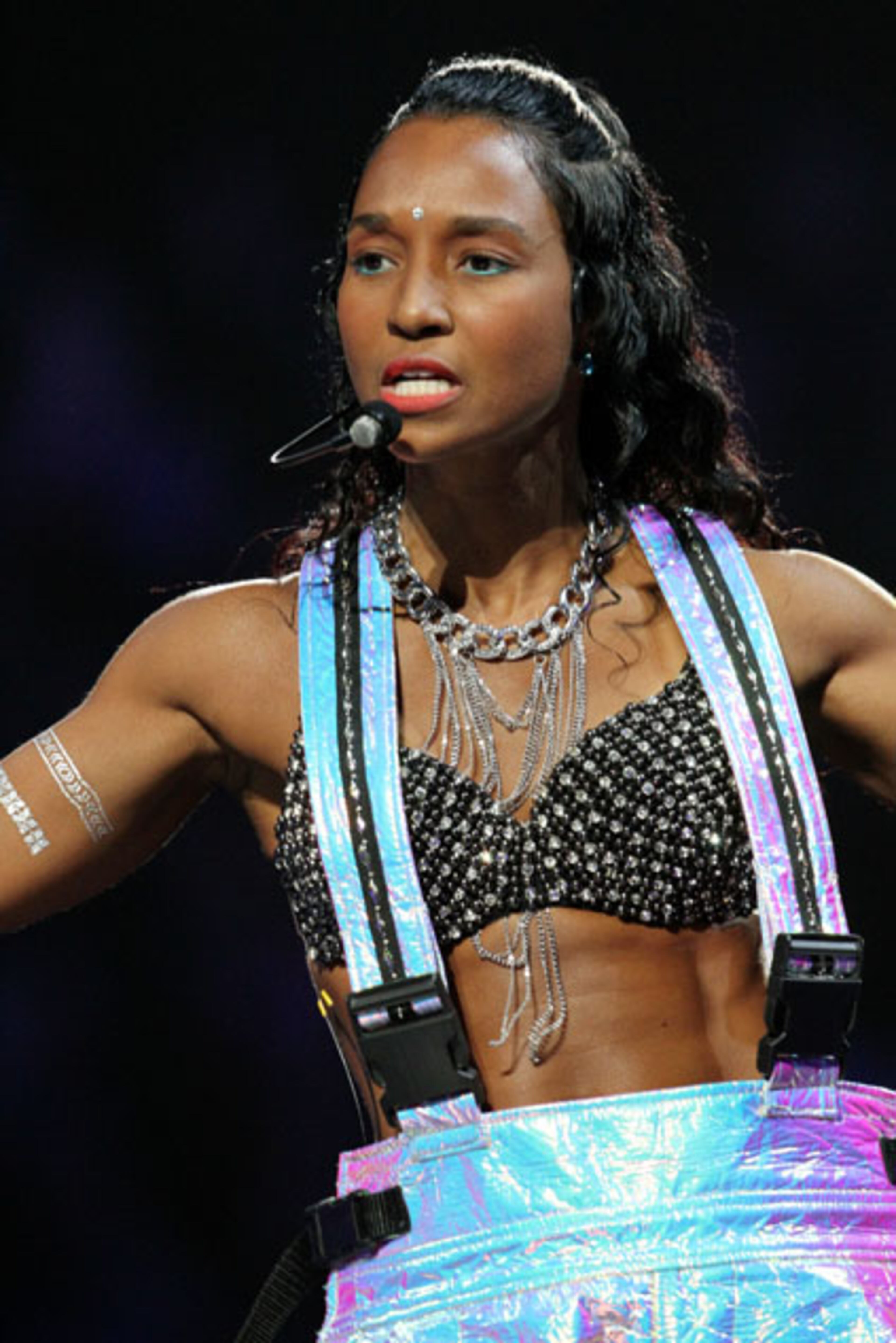 Rozonda "Chilli" Thomas of TLC performs on stage. Boy band New Kids on the Block (also initialized as NKOTB) brought their "Main Event" tour to Philips Arena in Atlanta on Saturday, June 6, 2015, with TLC and Nelly as supporting acts. NKOTB were formed in 1984 in Boston by Maurice Starr, who had discovered New Edition, and went on to sell in excess of 80 million records worldwide. Robb D. Cohen/RobbsPhotos.com