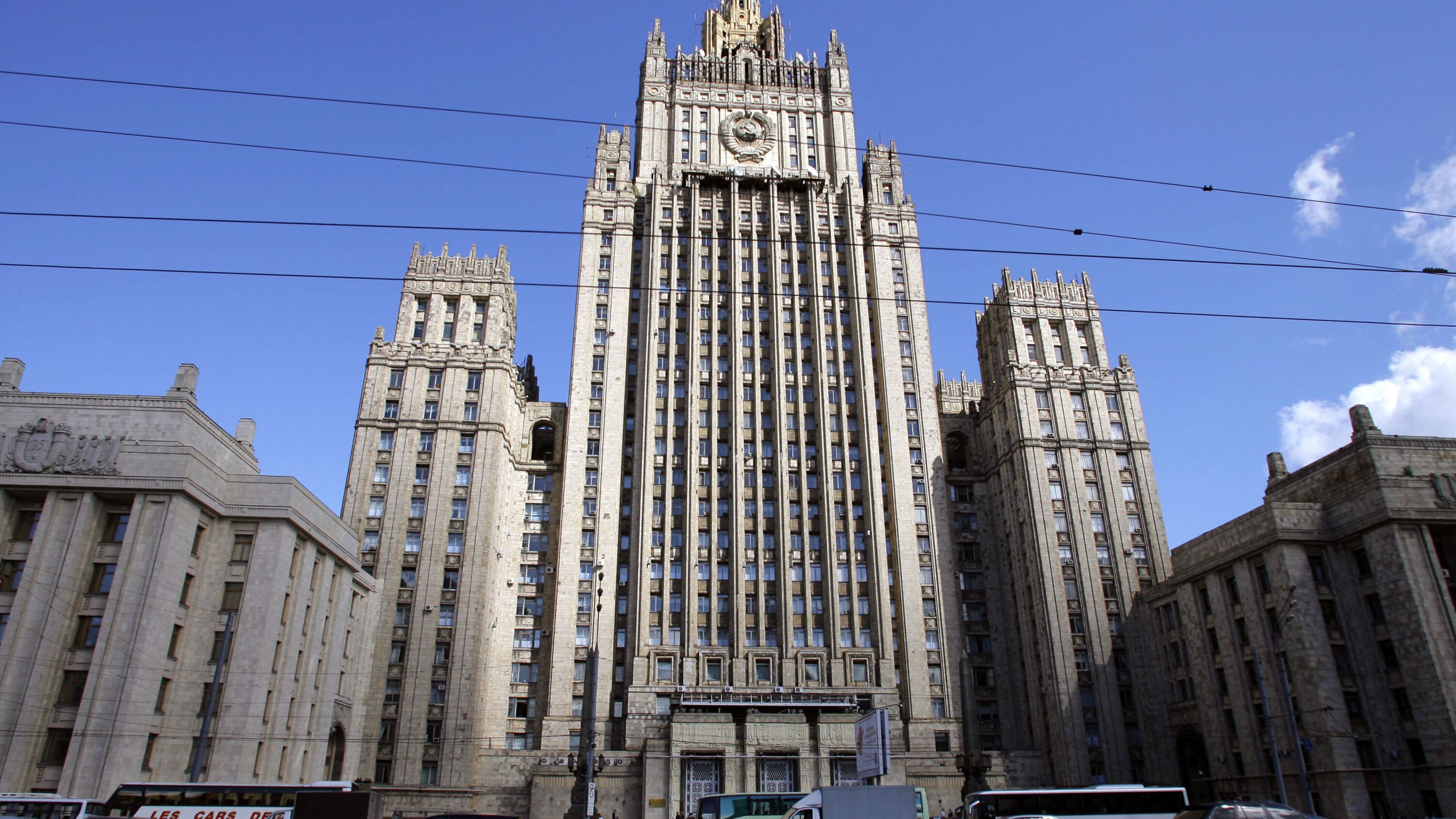 FILE -The main building of Russia's Foreign Ministry dominates the skyline in downtown Moscow, Aug. 16, 2006, with a Soviet Union state emblem on the facade. (AP Photo/Mikhail Metzel, File)