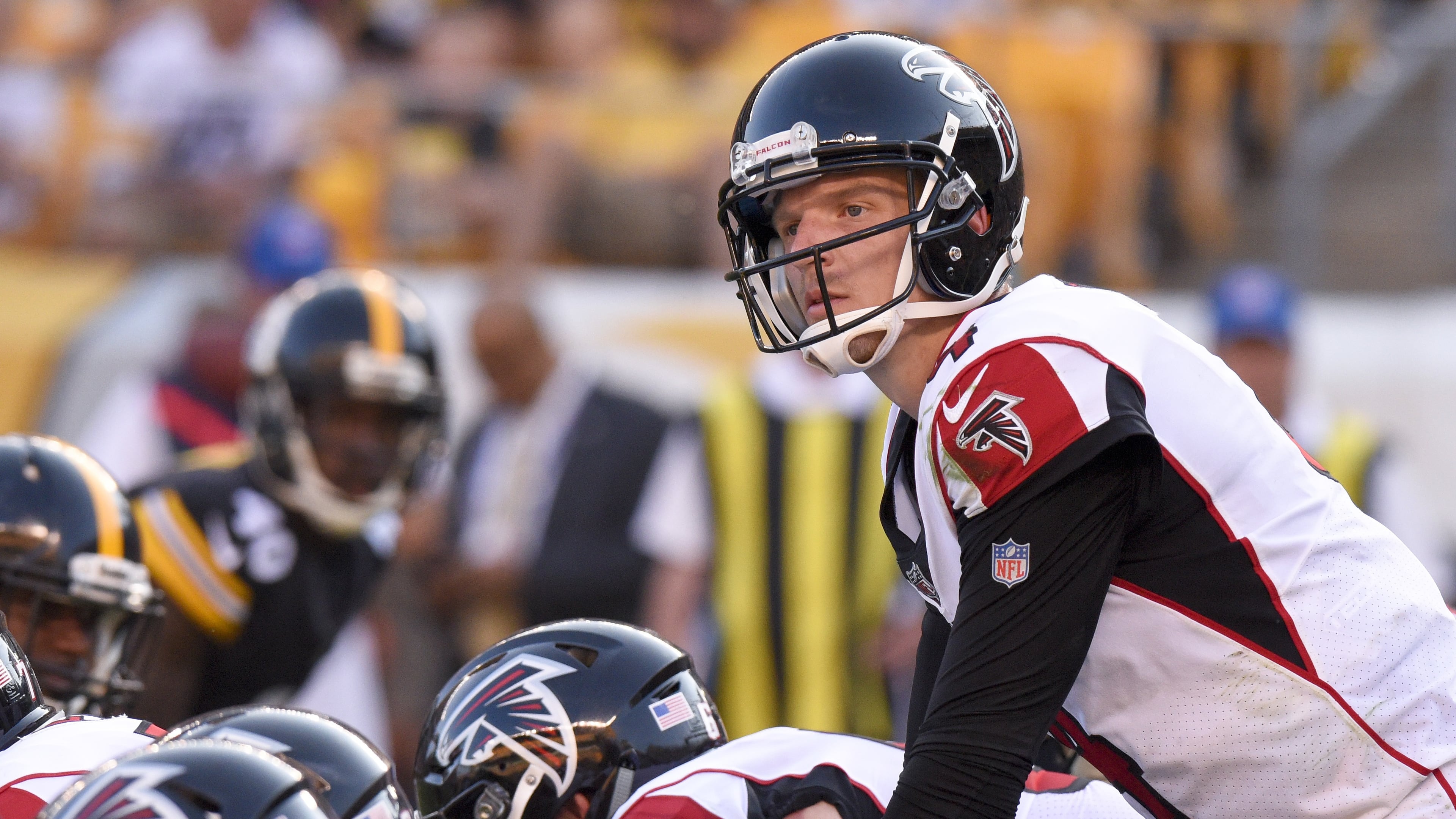 Atlanta Falcons quarterback Matt Simms (4) calls signals at the line in the first quarter of an NFL preseason football game against the Atlanta Falcons, Sunday, Aug. 20, 2017, in Pittsburgh. (AP Photo/Don Wright)