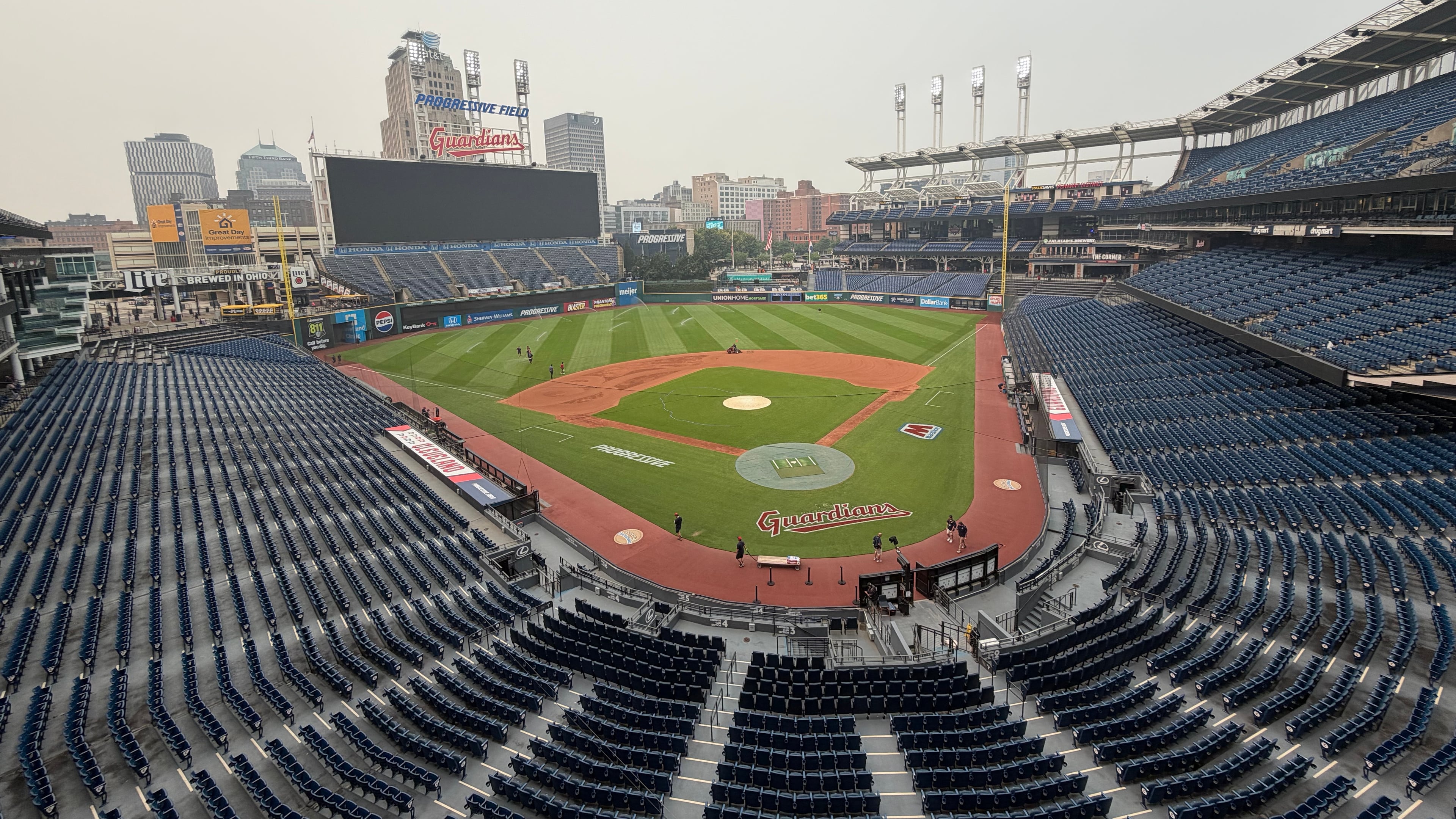 A view from the press box level at Progressive Field in Cleveland, Ohio, Friday, July 17, 2026, after the game between the Pittsburgh Pirates and Cleveland Guardians was postponed due to air quality concerns because of wildfire smoke from Canada and northern Minnesota. (AP Photo/Joe Reedy)