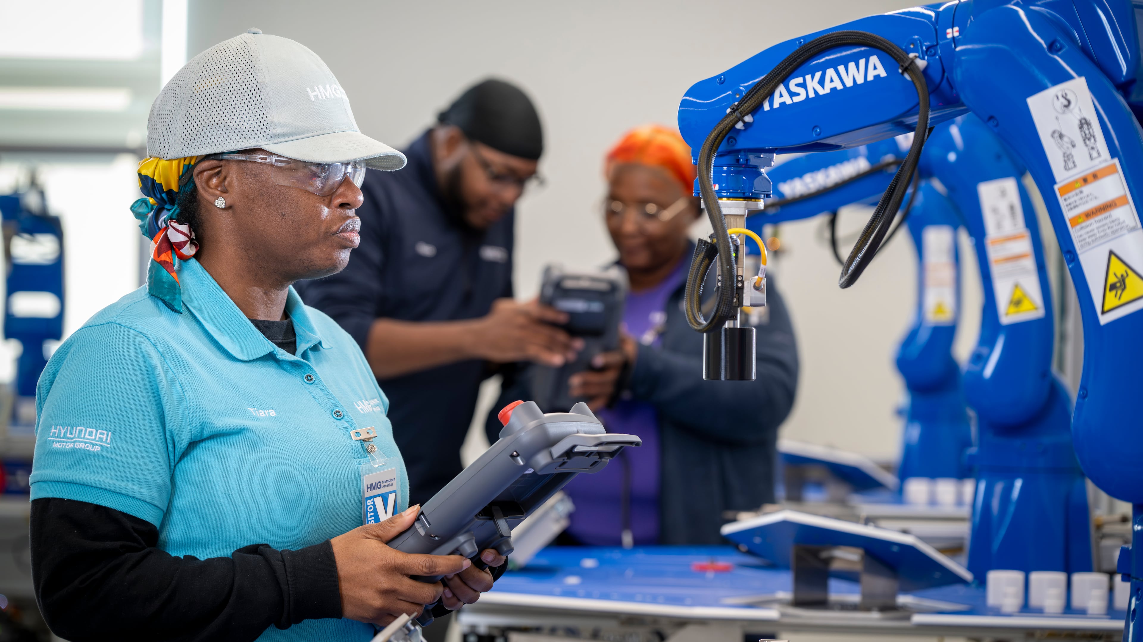 A Hyundai Metaplant trainee learns how to program a robotics machine in a Quick Start class at the Hyundai Mobility Training Center of Georgia. (Courtesy of Georgia Quick Start)