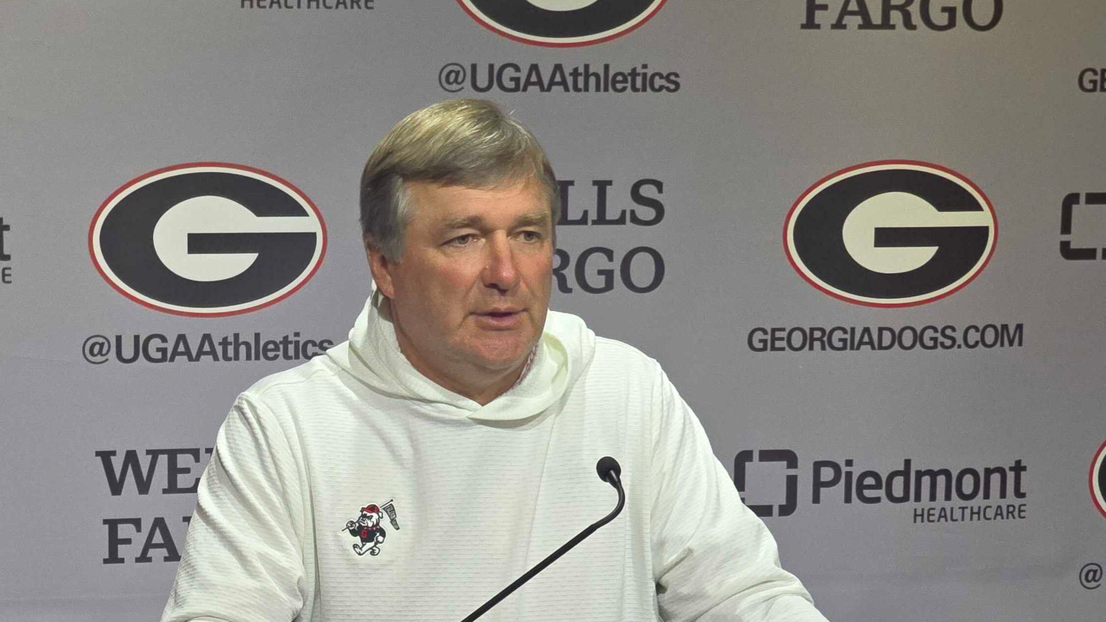 Georgia coach Kirby Smart speaks to reporters as the Bulldogs begin fall practice. (Cody Chaffins/DawgNation).