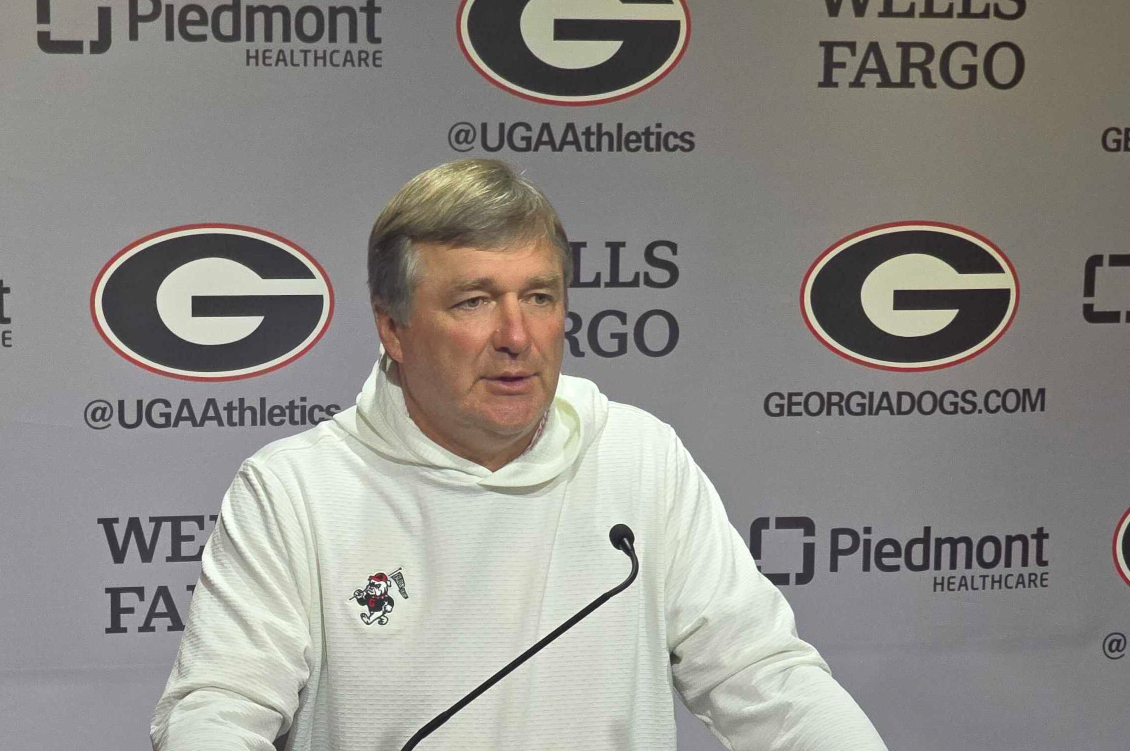 Georgia coach Kirby Smart speaks to reporters