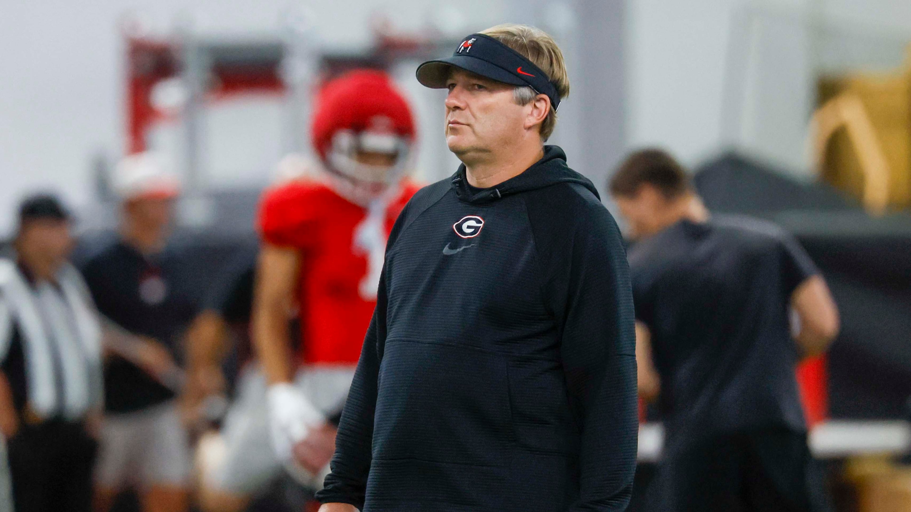 Georgia head coach Kirby Smart watches his team during their first football practice at the University of Georgia practice facility, Wednesday, August 5, 2026, in Athens, Ga. (Miguel Martinez/AJC)