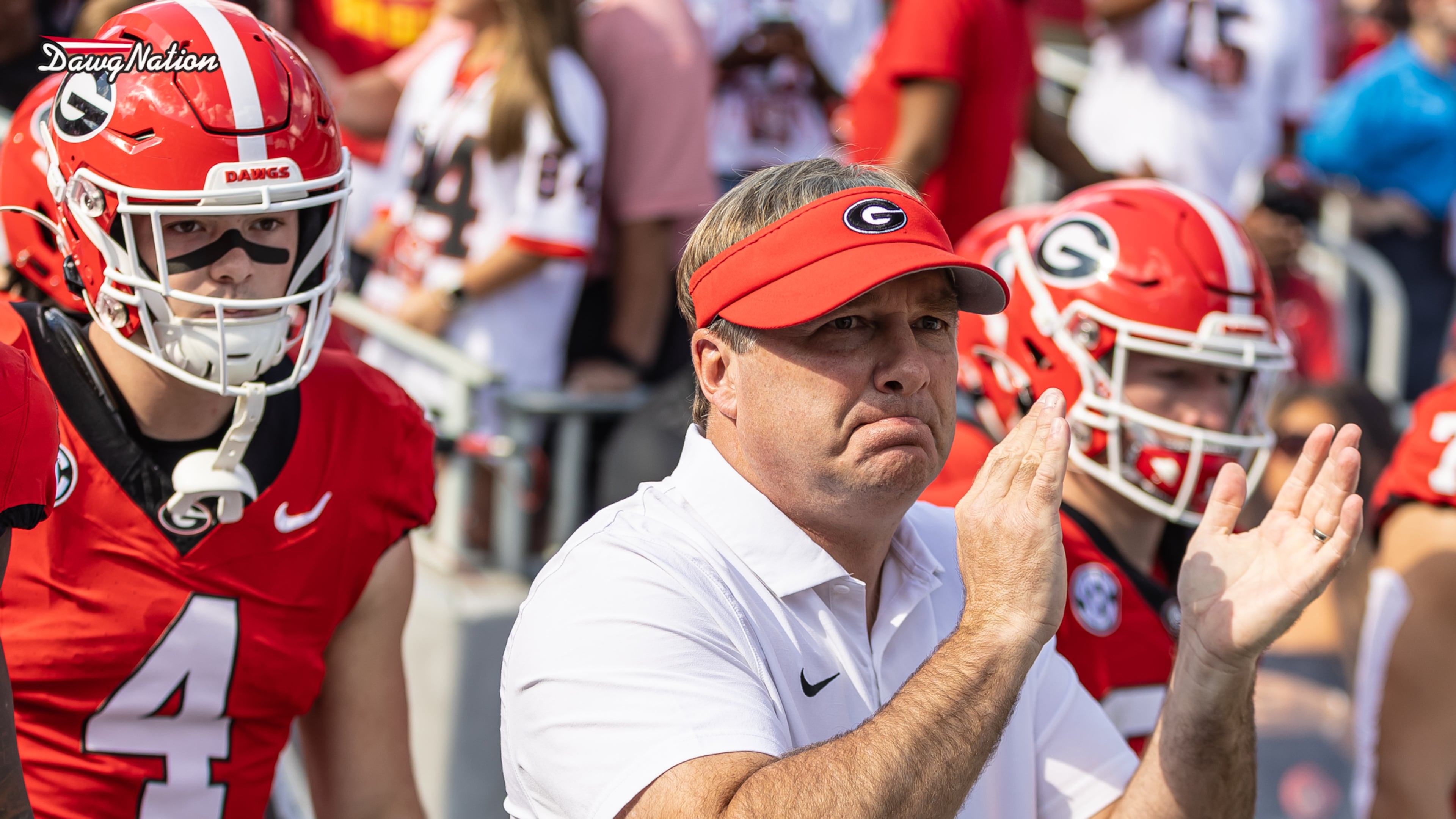 Georgia coach Kirby Smart leads his Bulldogs onto the field prior to the Auburn game at Dooley Field inside Sanford Stadium on Saturday, October 5, 2024. (Jeff Sentell/DawgNation)