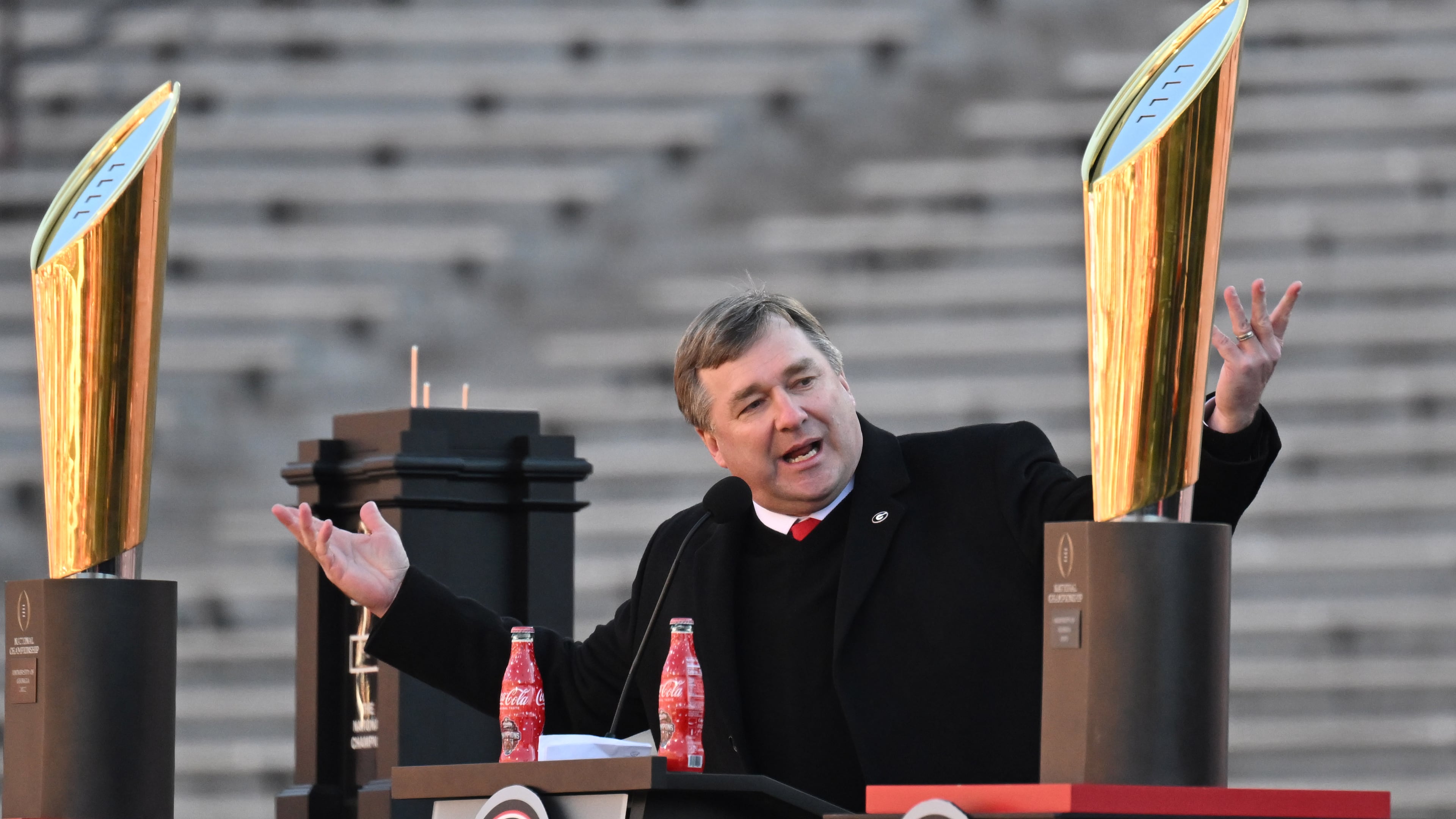 Georgia's head coach Kirby Smart speaks during the celebration of the Bulldogs going back-to-back to win the 2022 National Championship at Sanford Stadium, Saturday, Jan. 14, 2023, in Athens. The Bulldogs turned down an invitation to visit the White House in June. (Hyosub Shin/The Atlanta Journal-Constitution)