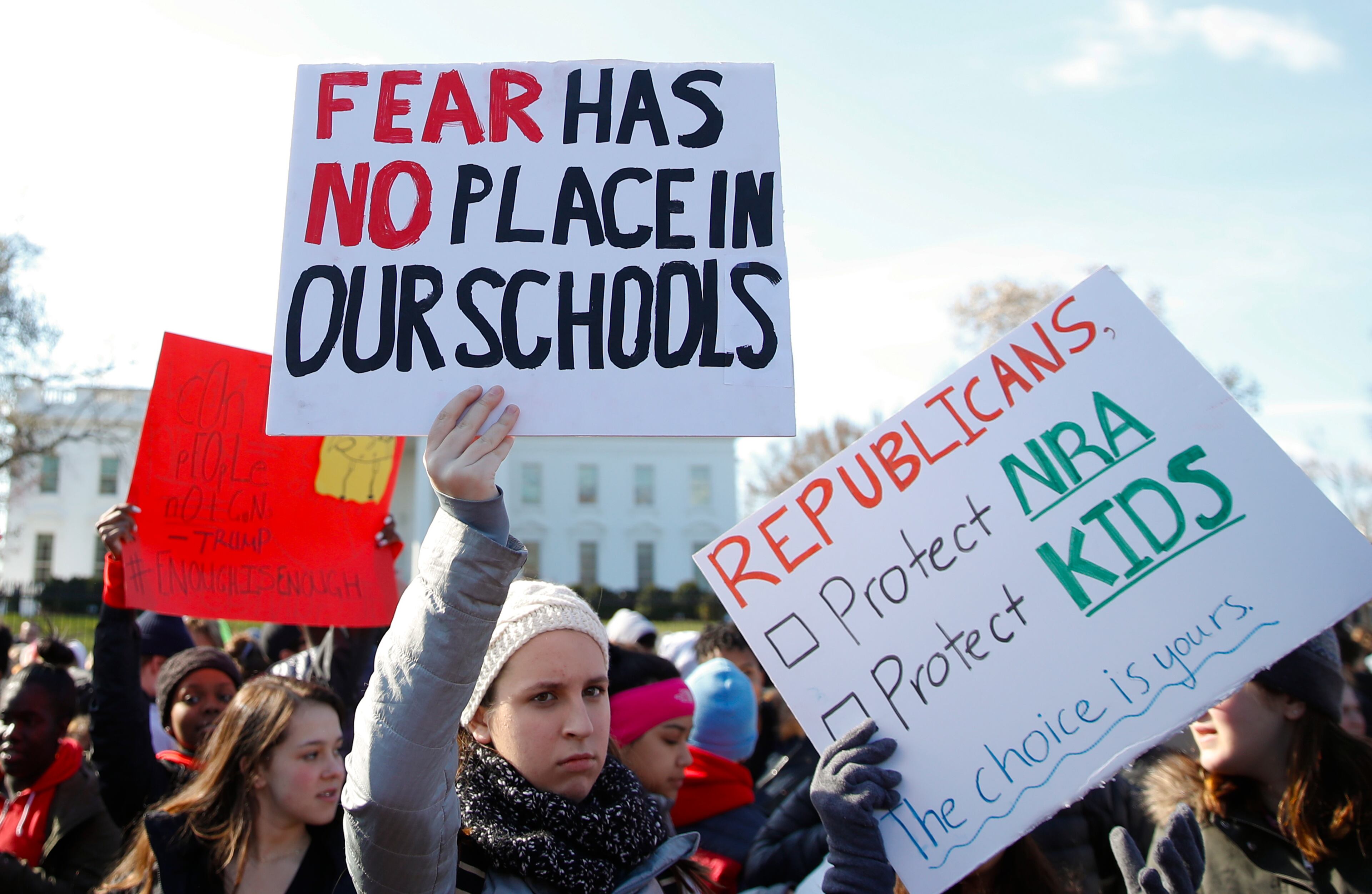 Students rally in front of the White House in Washington, Wednesday, March 14, 2018. Students walked out of school to protest gun violence in the biggest demonstration yet of the student activism that has emerged in response to last month's massacre of 17 people at Florida's Marjory Stoneman Douglas High School. (AP Photo/Carolyn Kaster)