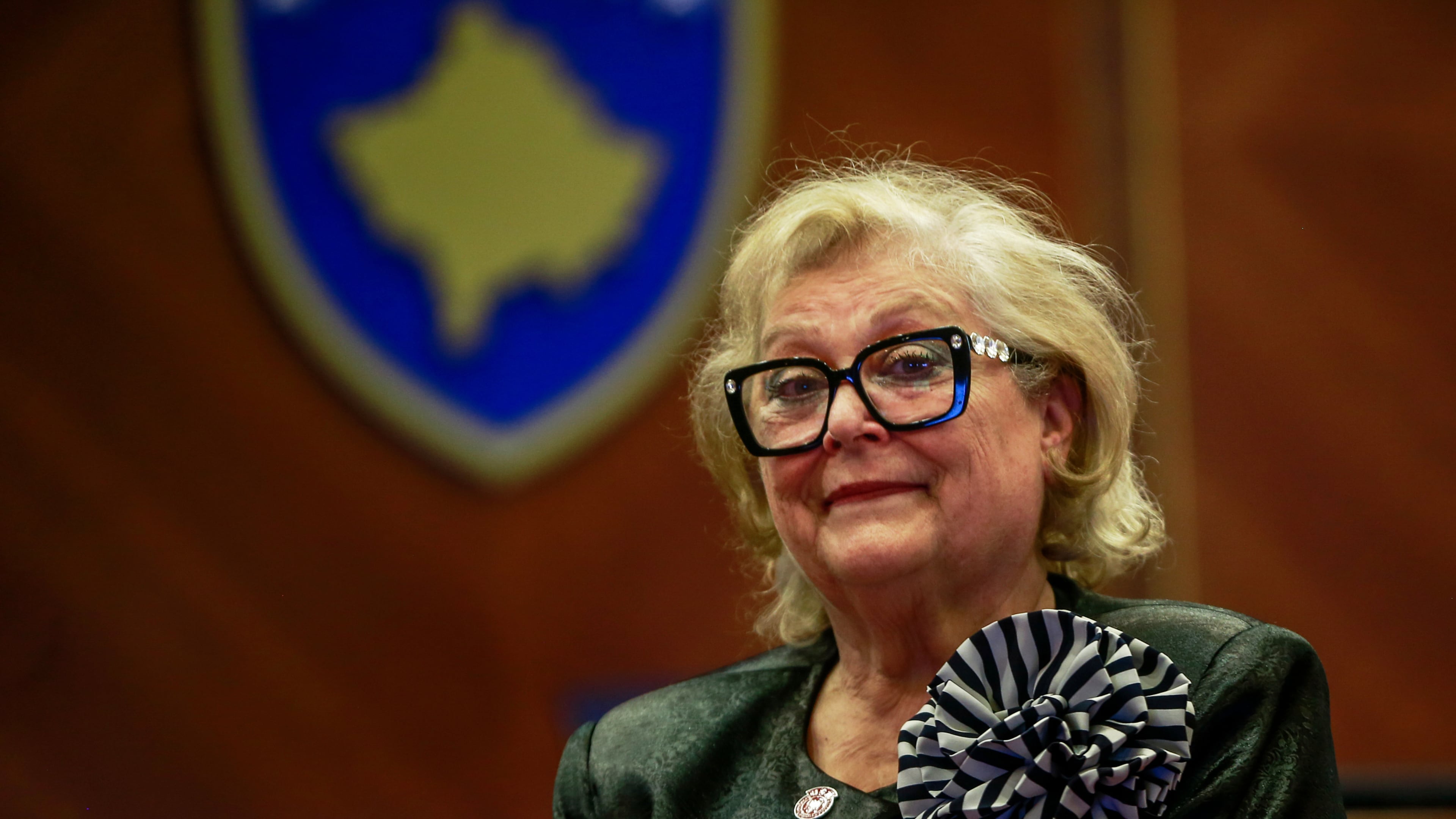 Newly elected Kosovo President Justina Shiroka Pula is seen after she was elected in Kosovo's capital Pristina on Tuesday, Oct. 6, 2026. (AP Photo/Visar Kryeziu)
