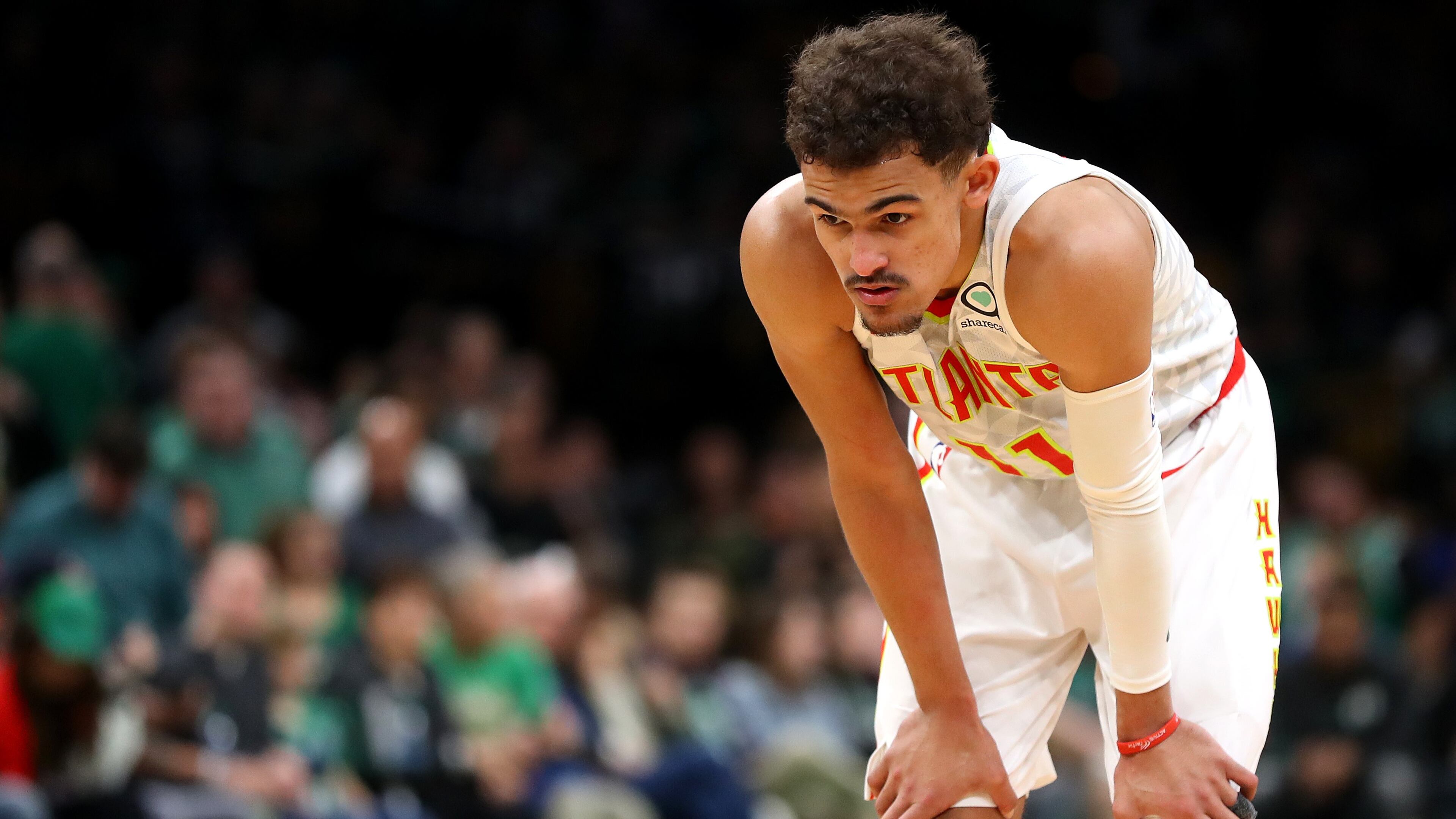 Trae Young of the Atlanta Hawks looks on during the second half against the Boston Celtics at TD Garden on March 16, 2019 in Boston, Massachusetts. The Celtics defeat the Hawks 129-120. (Photo by Maddie Meyer/Getty Images)