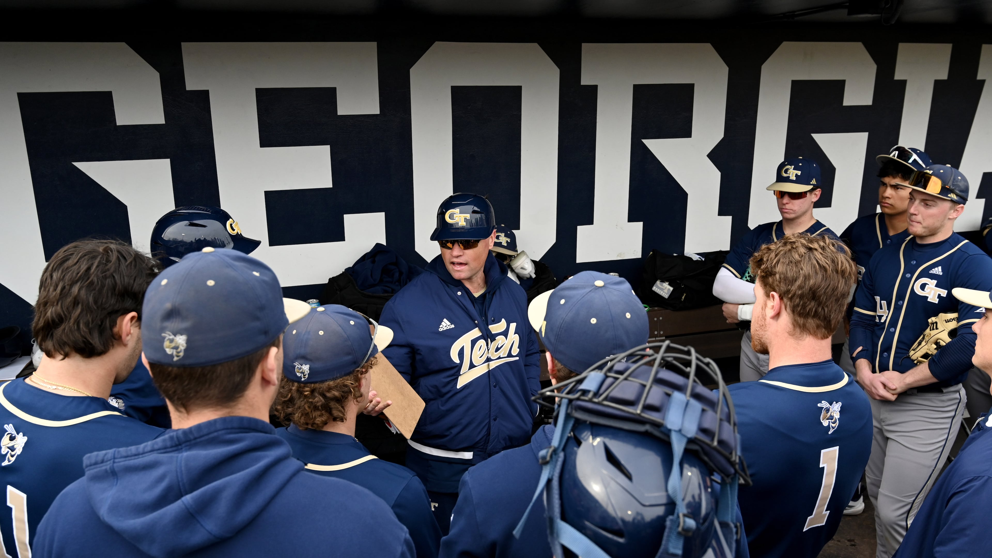 Georgia Tech head coach James Ramsey (background) instructs during Georgia Tech baseball practice at Russ Chandler Stadium, Thursday, Jan. 29, 2026, in Atlanta. (Hyosub Shin/AJC)