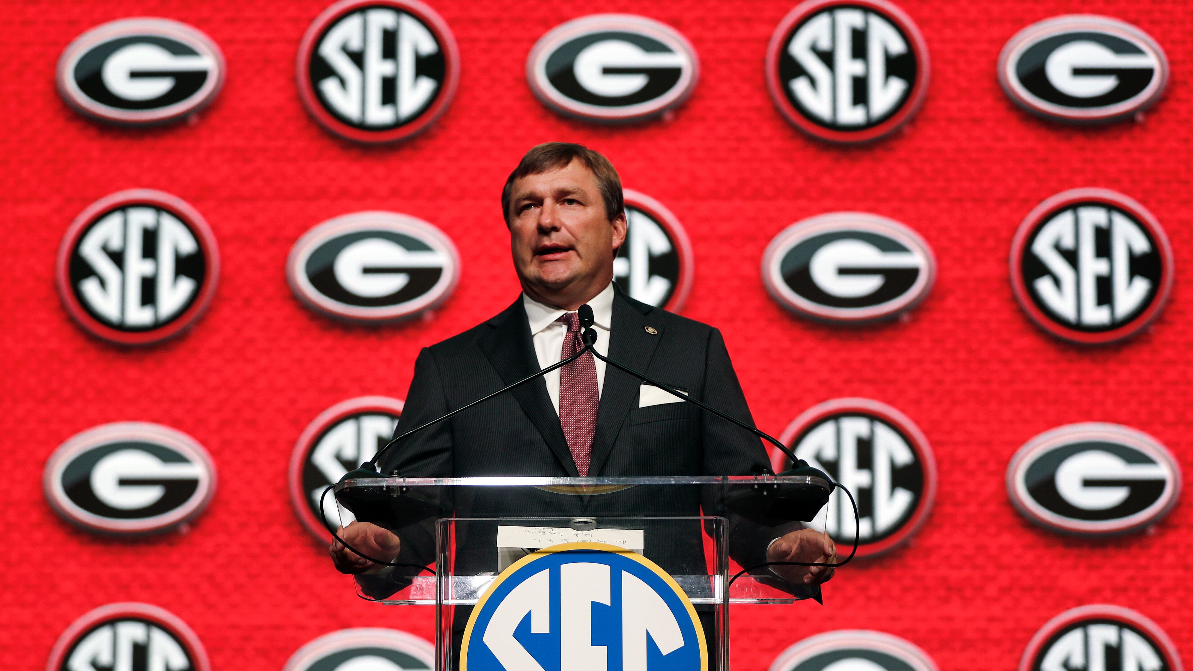 Georgia head coach Kirby Smart speaks duringSoutheastern Conference Media Days Tuesday, July 17, 2018, in Atlanta. (AP Photo/John Bazemore)