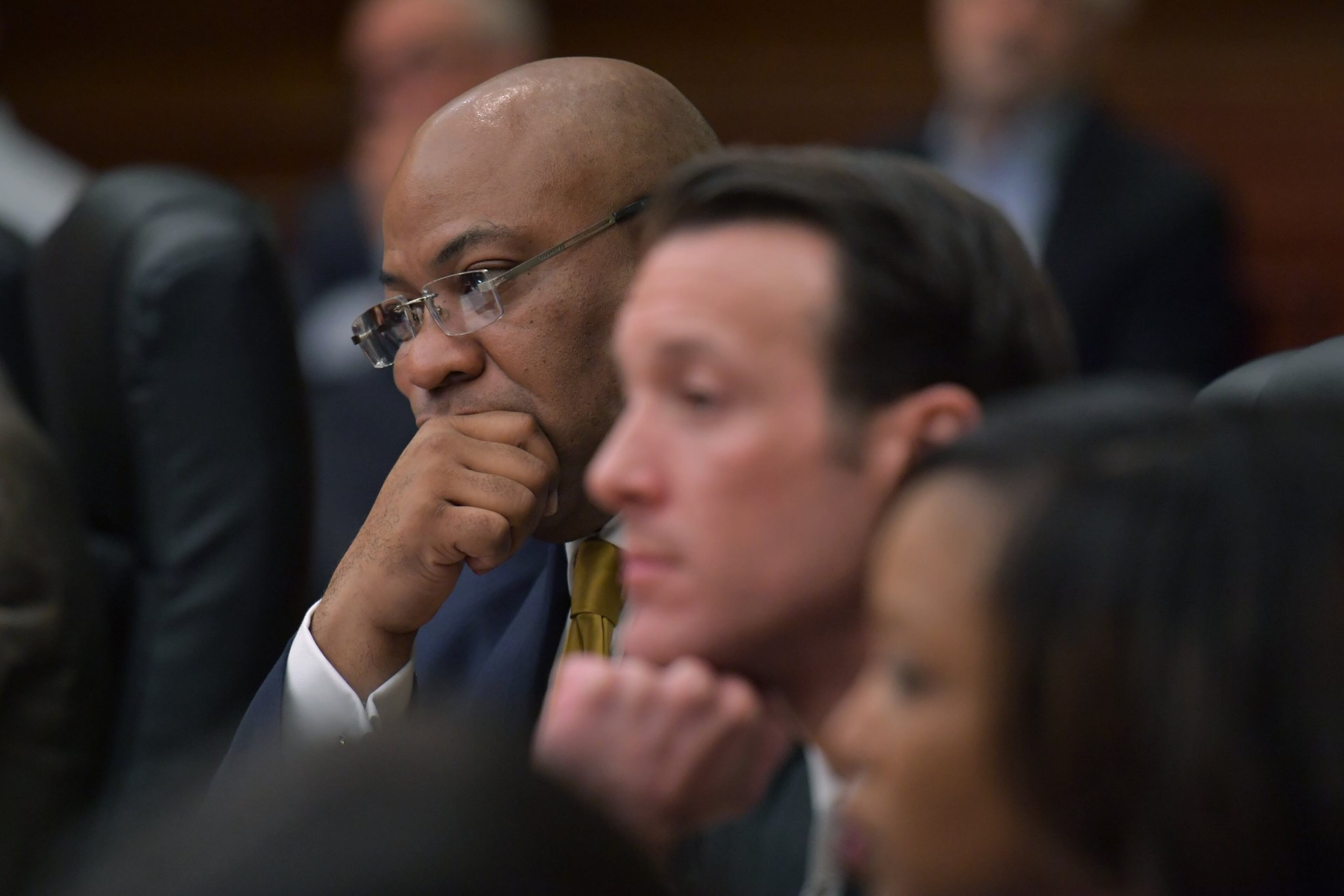 April 11, 2018 Atlanta - Lead prosecutor Clint Rucker (left) and Assistant District Attorney Adam Abbate listen during the Tex McIver murder trial at the Fulton County Courthouse on Wednesday, April 11, 2018. HYOSUB SHIN / HSHIN@AJC.COM