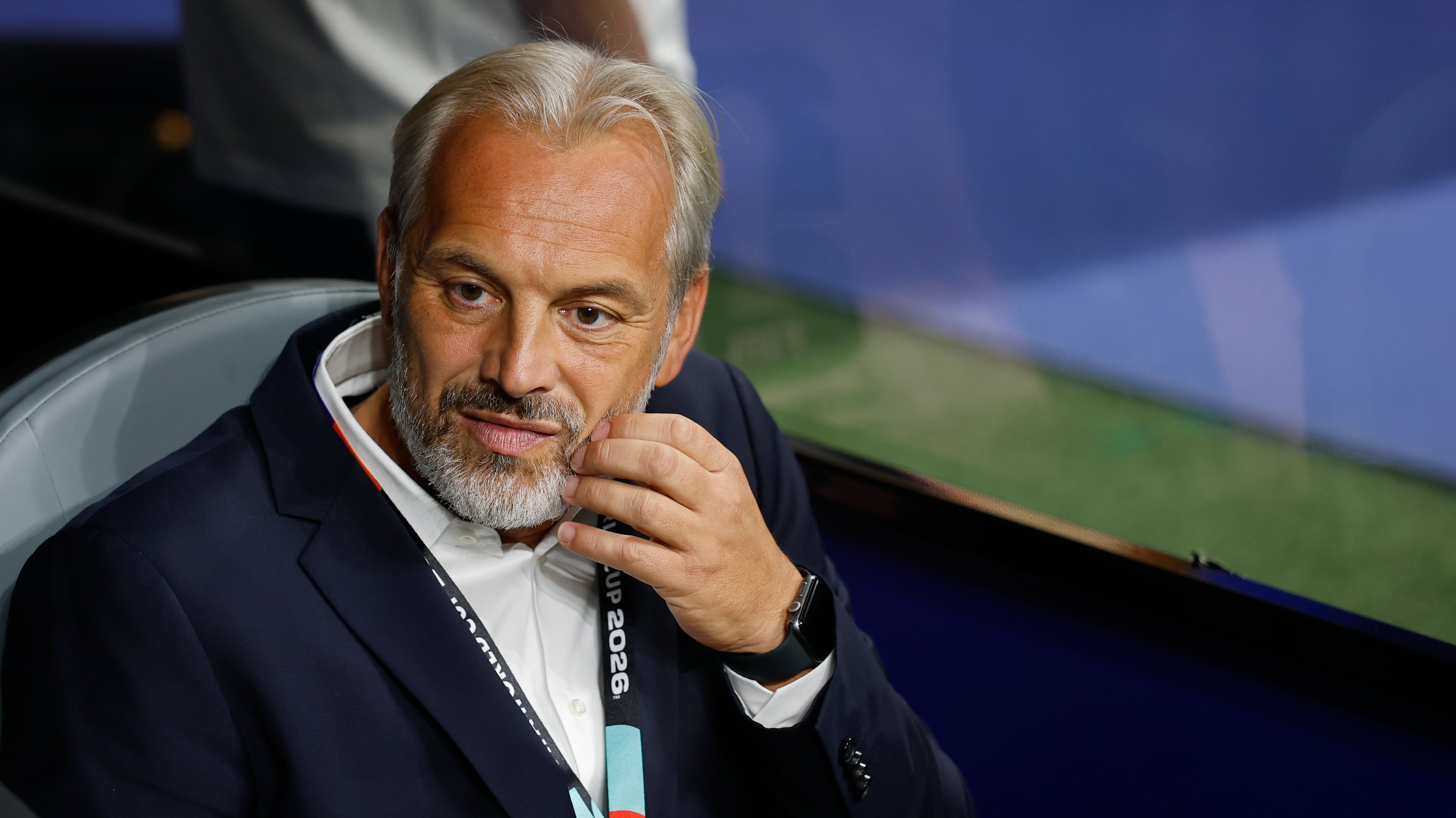 Congo head coach Sebastien Desabre sits on the bench prior to during the World Cup round of 32 soccer match between England and Congo in Atlanta, Wednesday, July 1, 2026. (AP Photo/Erik S. Lesser)