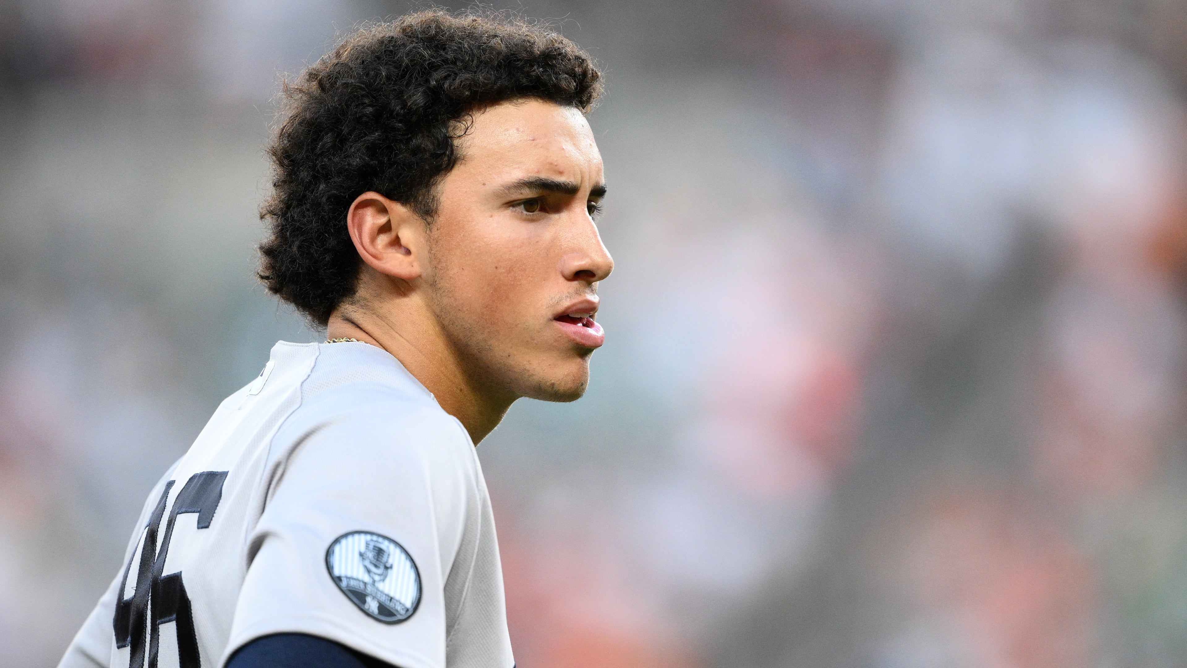 New York Yankees' George Lombard Jr. looks on during the second inning of a baseball game against the Baltimore Orioles, Thursday, Aug. 20, 2026, in Baltimore. (AP Photo/Nick Wass)