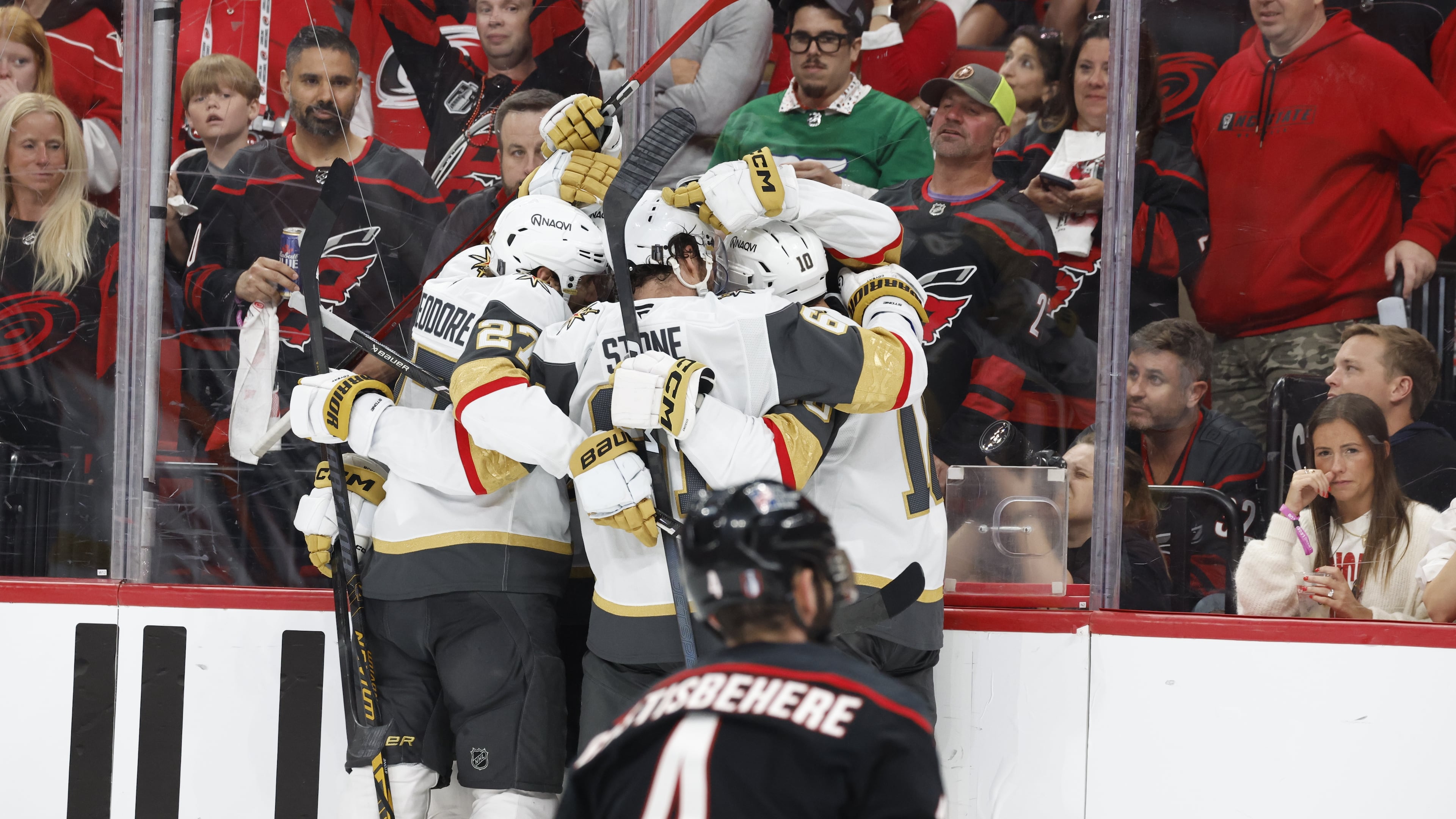 Vegas Golden Knights celebrate a goal by Tomas Hertl, during the third period in Game 1 of the NHL hockey Stanley Cup Final series against the Carolina Hurricanes in Raleigh, N.C., Tuesday, June 2, 2026. (AP Photo/Karl DeBlaker)