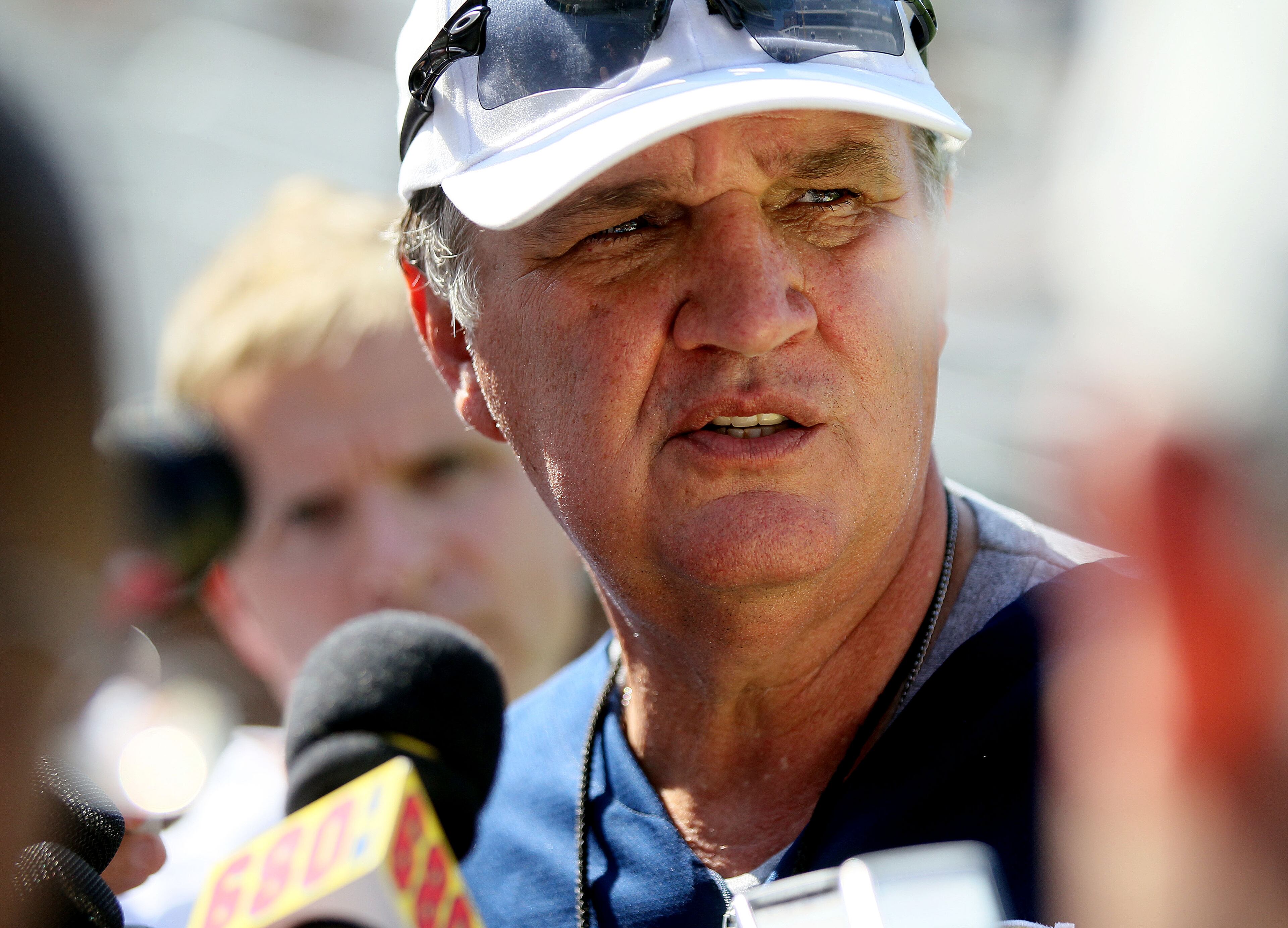 Georgia Tech coach Paul Johnson talked to the media after a Training Camp scrimmage at Bobby Dodd Stadium in Atlanta on Saturday August 10th, 2013. The scrimmage was open only to Tech season ticket holders, players' families and the media. Friday afternoon marked the Yellow Jackets' 10th practice. Sunday marked the team's first off-day since beginning Training Camp on August 1. There are 22 days before the 2013 season opener versus Elon at home on Saturday, Aug. 31 at 12 p.m. PHIL SKINNER / PSKINNER@AJC.COM Editor's note: CQ according to roster
