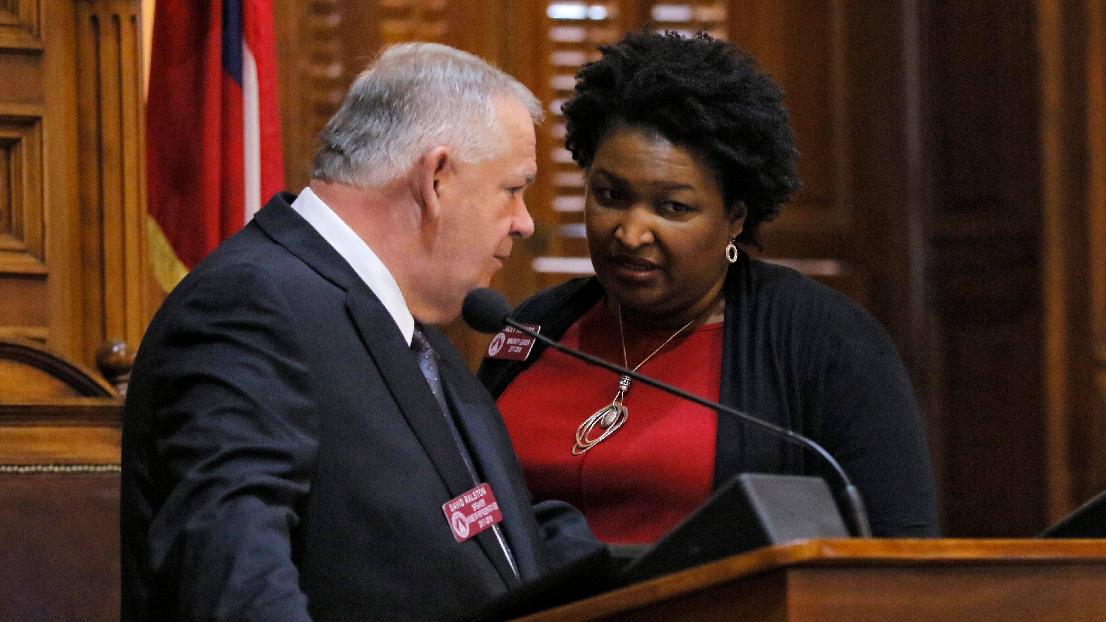 Speaker David Ralston confers with then-House Minority Leader Stacey Abrams in this 2017 file photo. BOB ANDRES /BANDRES@AJC.COM