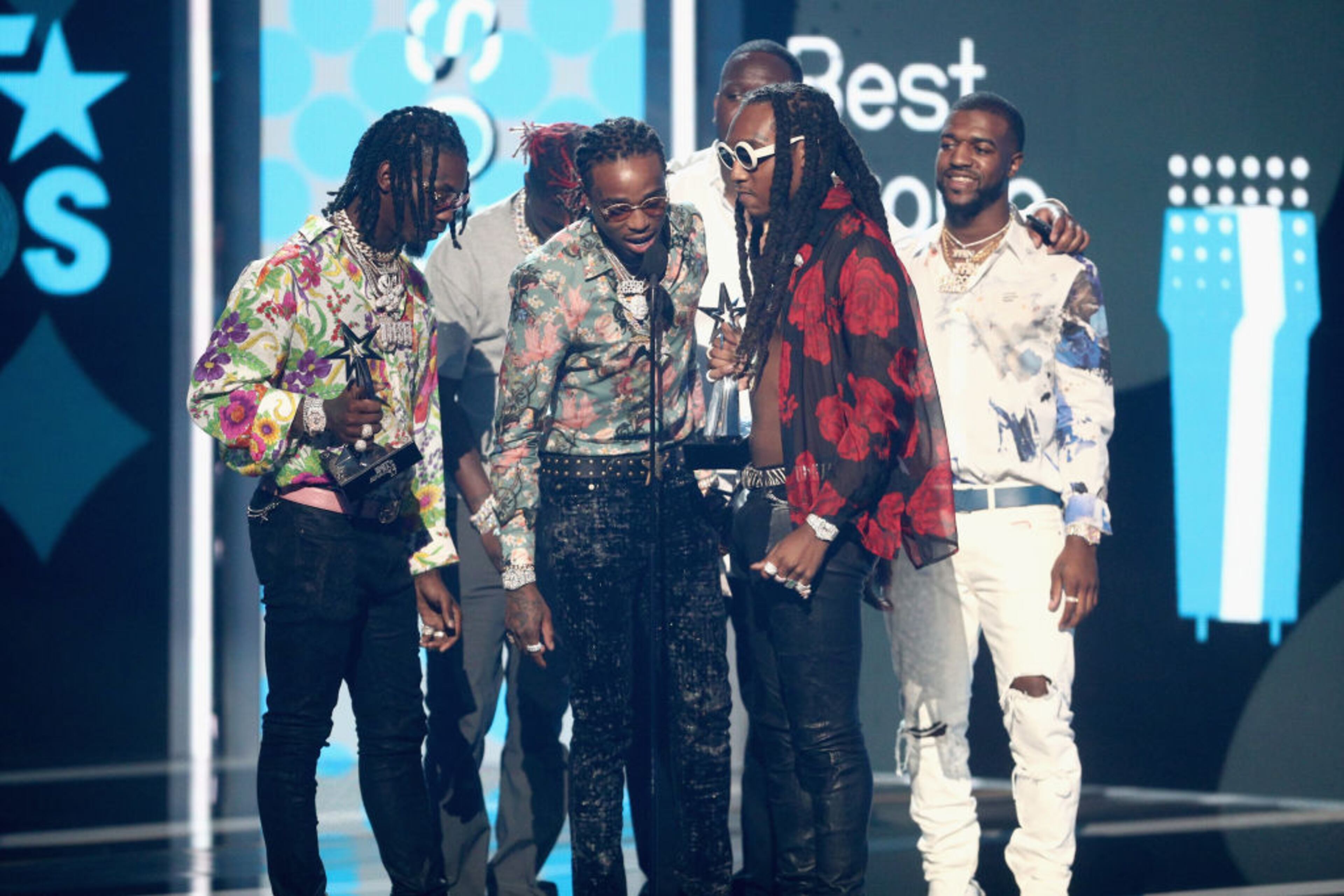 LOS ANGELES, CA - JUNE 25: (L-R) Offset, Quavo and Takeoff of Migos accept the award for Best Group onstage at 2017 BET Awards at Microsoft Theater on June 25, 2017 in Los Angeles, California. (Photo by Frederick M. Brown/Getty Images )