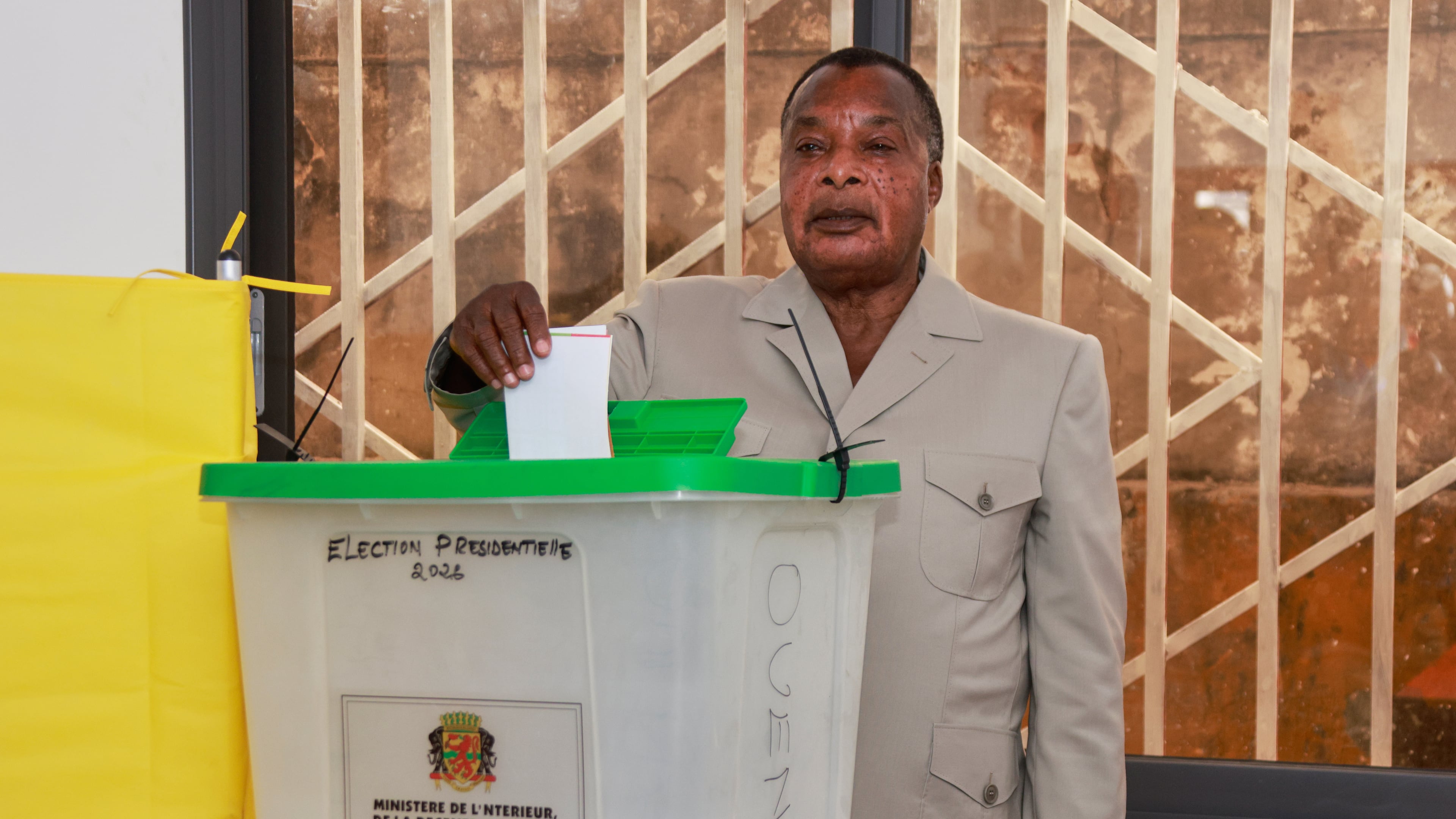 President of the Republic of Congo, Denis Sassou N'Guesso casts his ballot at a polling station in Brazzaville, the Republic of Congo, Sunday, March 15, 2026. (AP Photo/Vivace Mambouana)