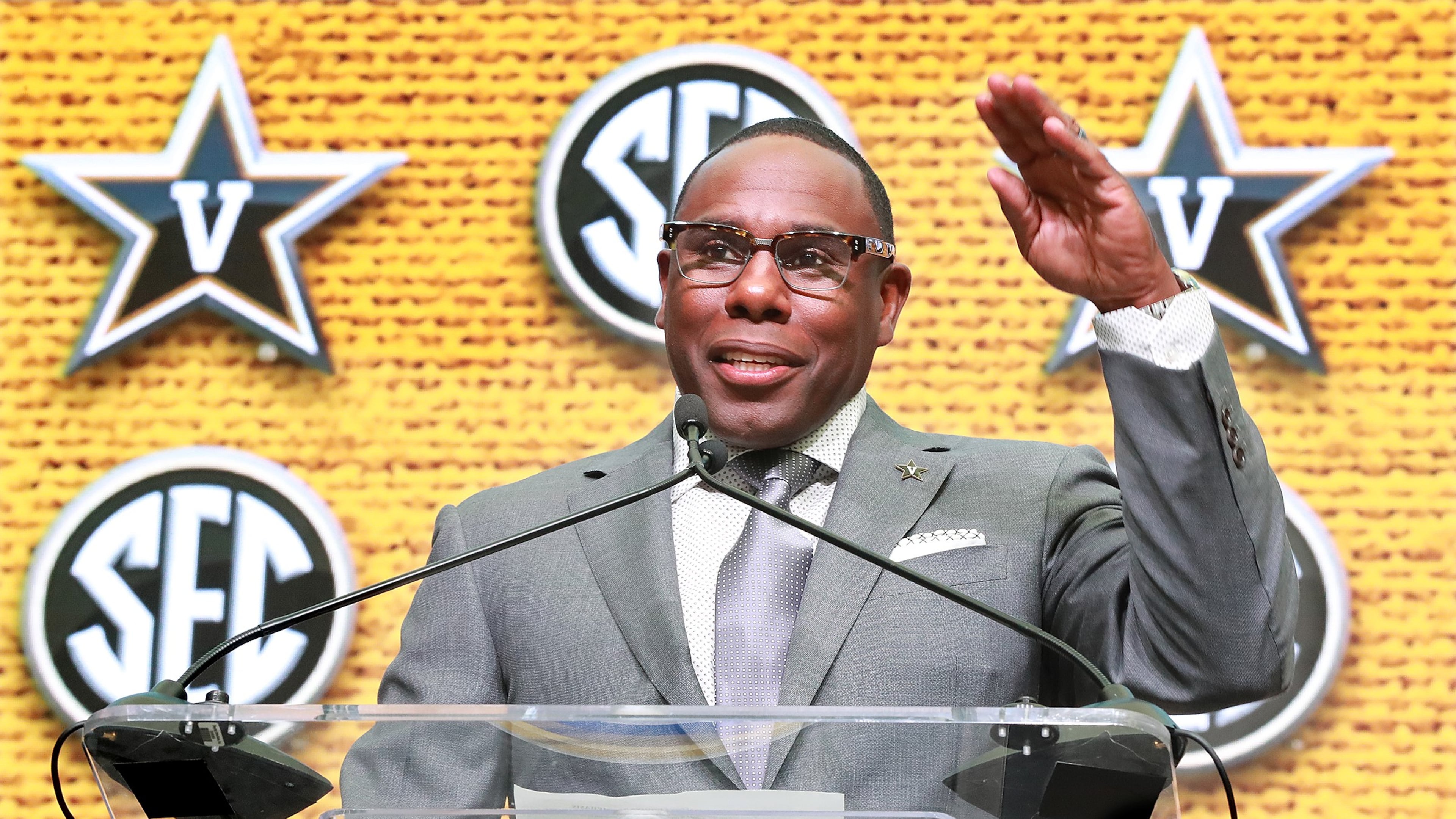 July 19, 2018 Atlanta: Vanderbilt head coach Derek Mason holds his SEC Media Days press conference at the College Football Hall of Fame on Thursday, July 19, 2018, in Atlanta. Curtis Compton/ccompton@ajc.com