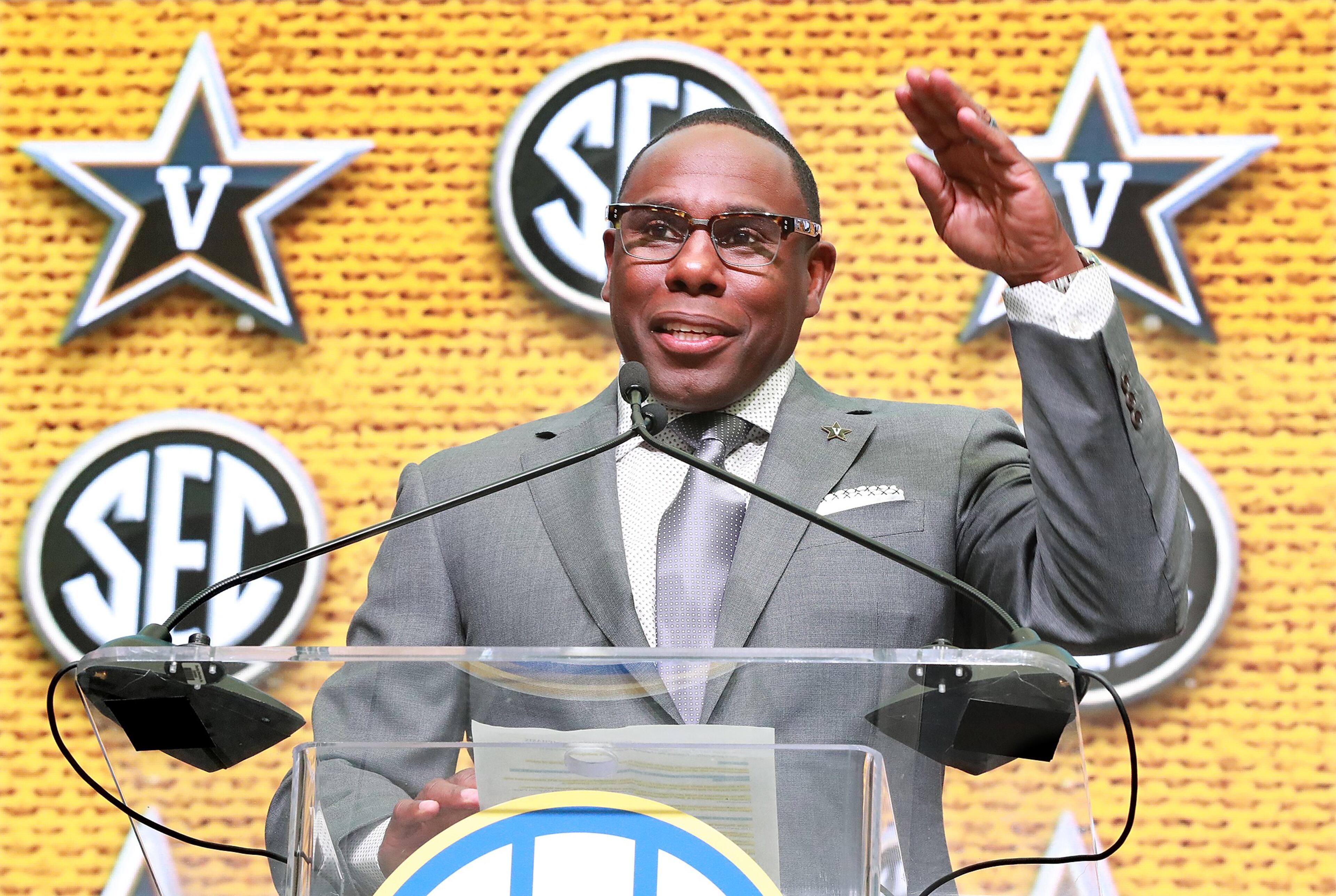 July 19, 2018 Atlanta: Vanderbilt head coach Derek Mason holds his SEC Media Days press conference at the College Football Hall of Fame on Thursday, July 19, 2018, in Atlanta. Curtis Compton/ccompton@ajc.com
