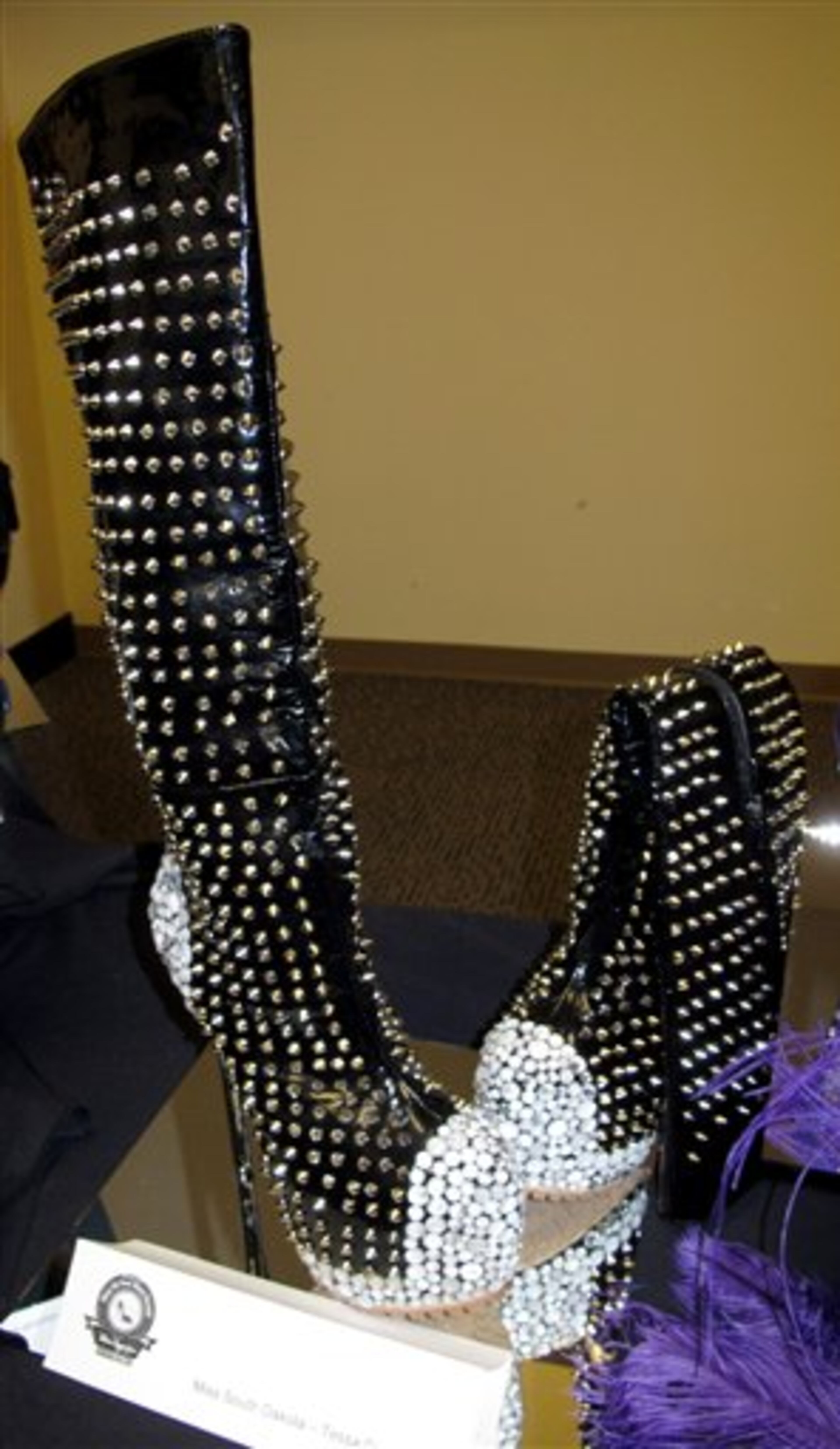This Sept. 10, 2013, photo shows the studded boots to be worn by Miss South Dakota in this Miss America pageant's "show us your shoes" parade in Atlantic City, N.J. (AP Photo/Wayne Parry)