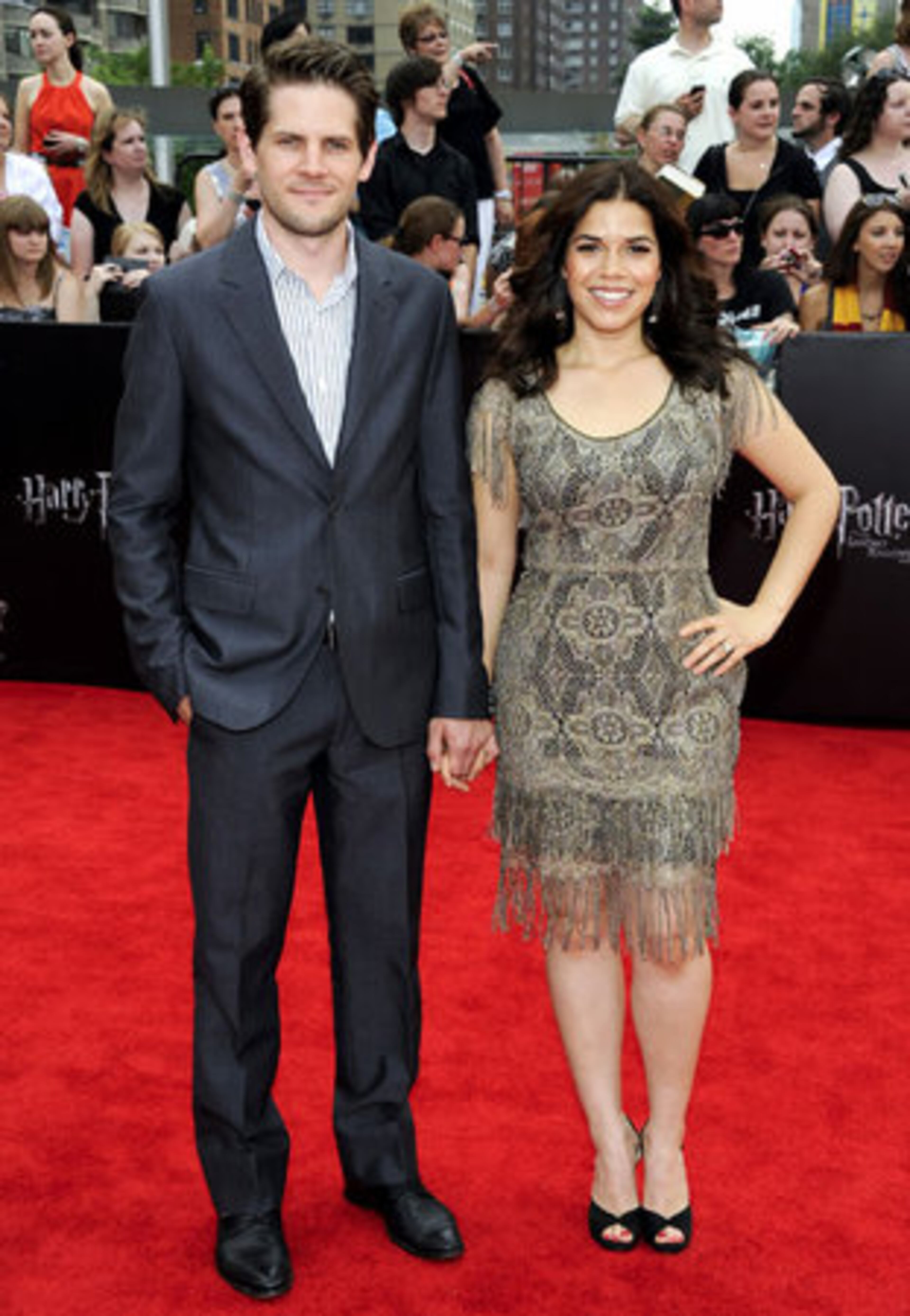 Actress America Ferrera, right, and husband Ryan Piers Williams arrive for the premiere.