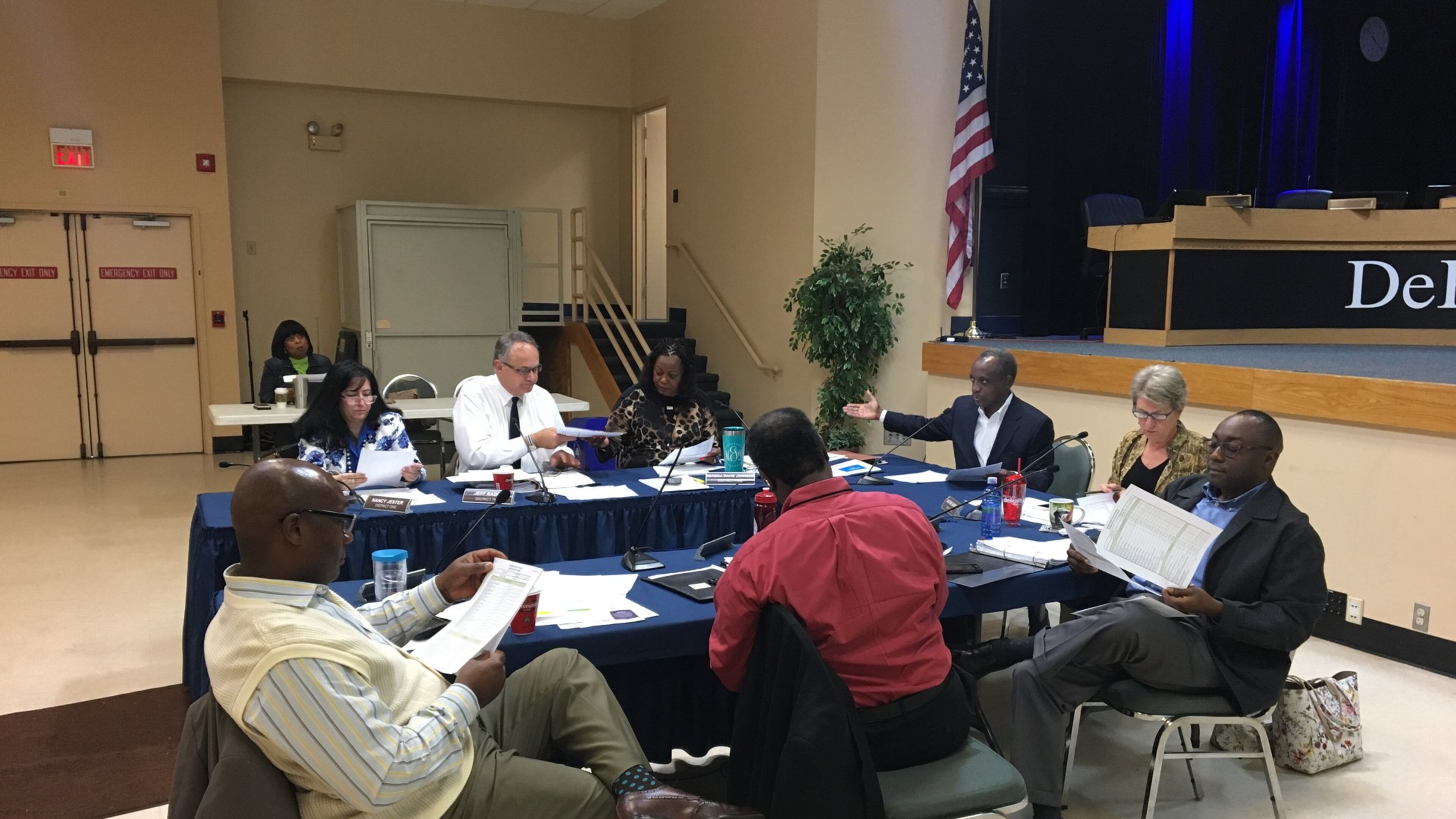 The DeKalb Board of Commissioners and CEO Mike Thurmond discussed a special purpose local option sales tax (SPLOST) on Friday, Sept. 8, 2017. From left: Greg Adams, Nancy Jester, Jeff Rader, Mereda Davis Johnson, Steve Bradshaw, Thurmond, Kathie Gannon and Larry Johnson. MARK NIESSE / MARK.NIESSE@AJC.COM