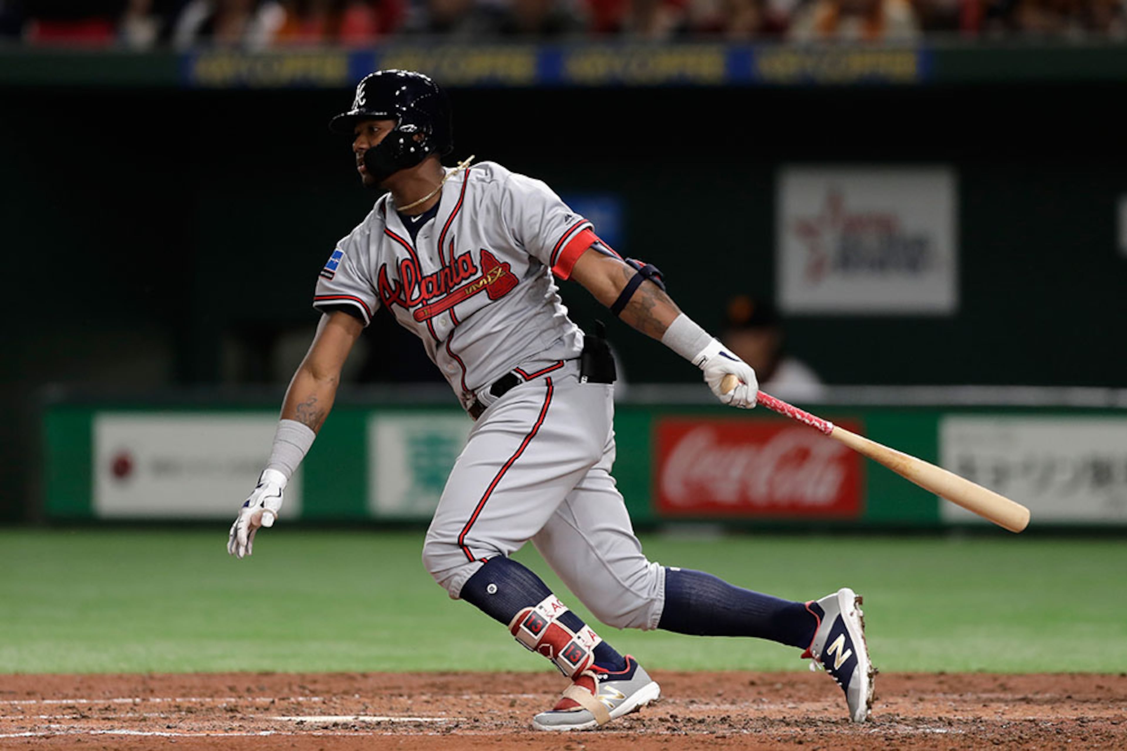 Braves outfielder Ronald Acuna hits a single in the top of 4th inning during the exhibition game between Yomiuri Giants and the MLB All Stars Nov. 8, 2018, at Tokyo Dome in Tokyo.