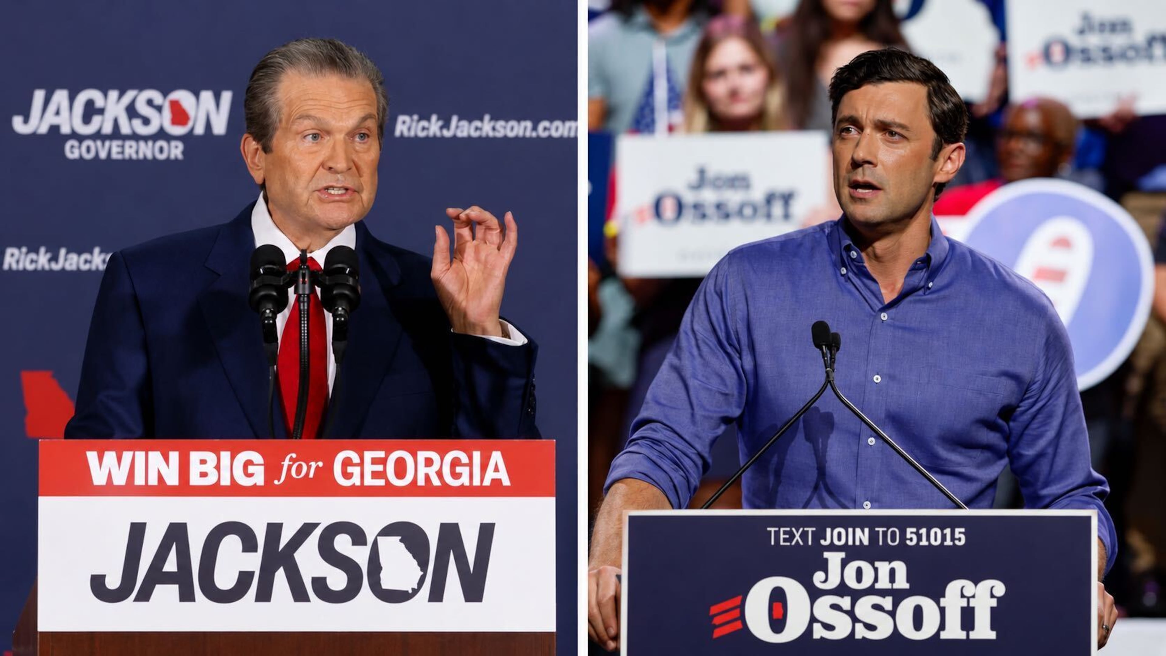 Rick Jackson (left), the Republican candidate for Georgia governor, and Jon Ossoff, the Democratic incumbent for U.S. Senate, are courting crossover support in their respective campaigns in the 2026 midterm election. (Miguel Martinez photos/AJC)