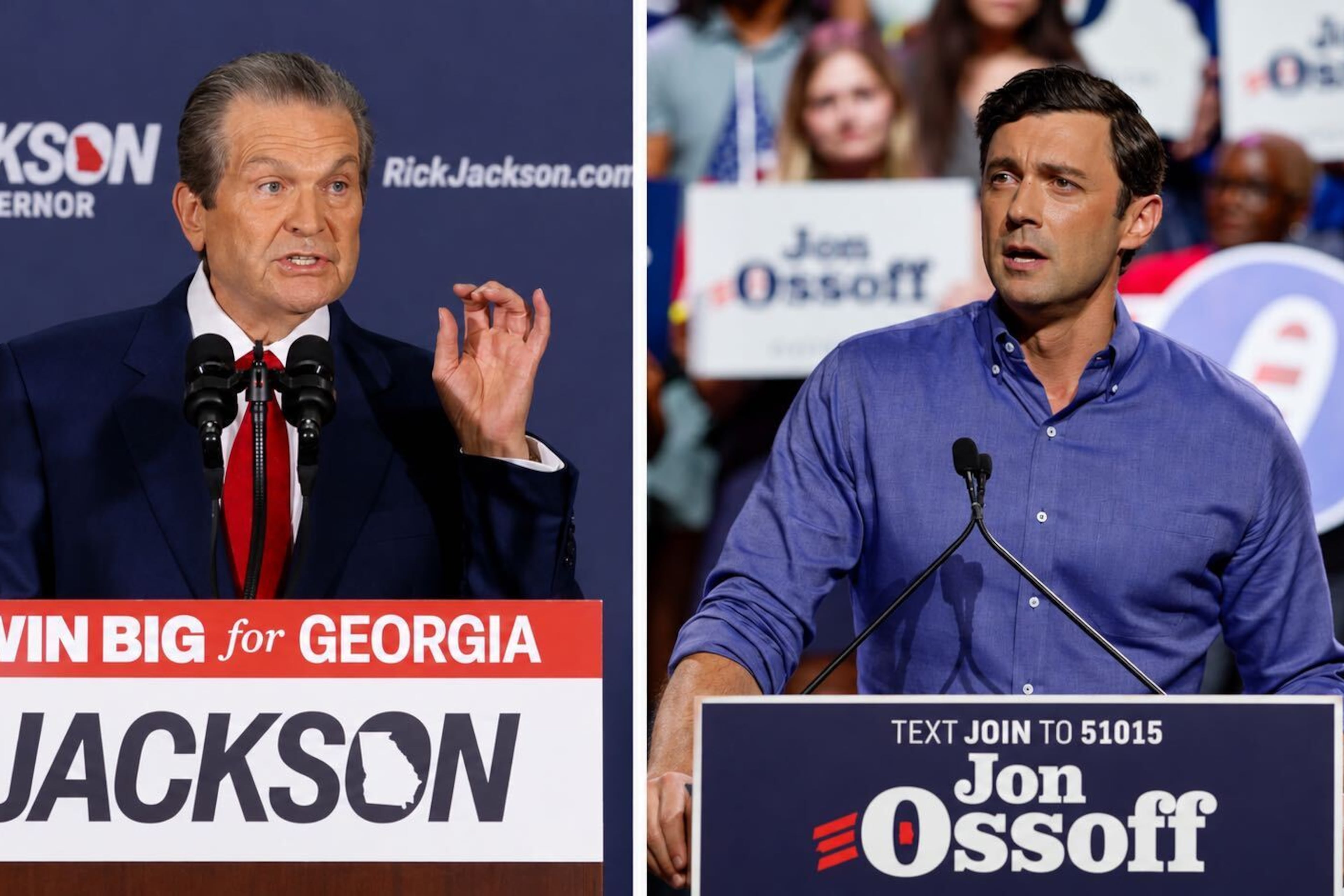 Rick Jackson (left), the Republican candidate for Georgia governor, and Jon Ossoff, the Democratic incumbent for U.S. Senate, are courting crossover support in their respective campaigns in the 2026 midterm election. (Miguel Martinez photos/AJC)