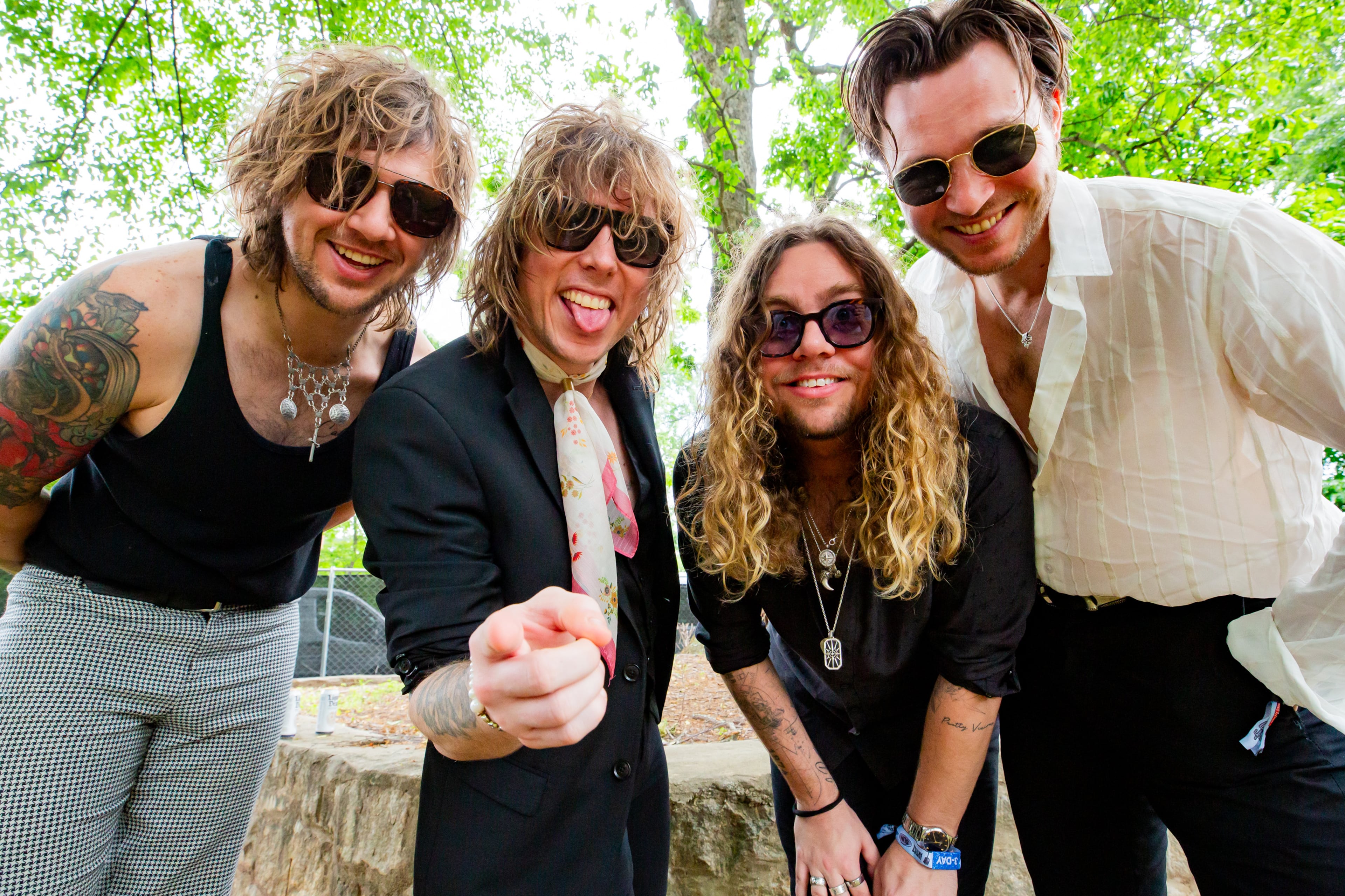 Atlanta, Ga: The Struts pose backstage before they take the stage on Sunday at Shaky Knees. Photo taken May 5, 2024 at Central Park, Old 4th Ward. (RYAN FLEISHER FOR THE ATLANTA JOURNAL-CONSTITUTION)