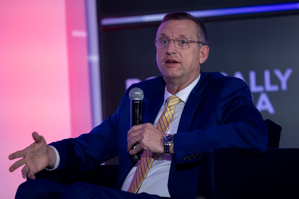 Veterans Affairs Secretary Doug Collins speaks during a live-to-tape recording of the "Politically Georgia" podcast at the Martin Luther King Jr. Memorial Library in Washington in February. (Nathan Posner for the AJC)