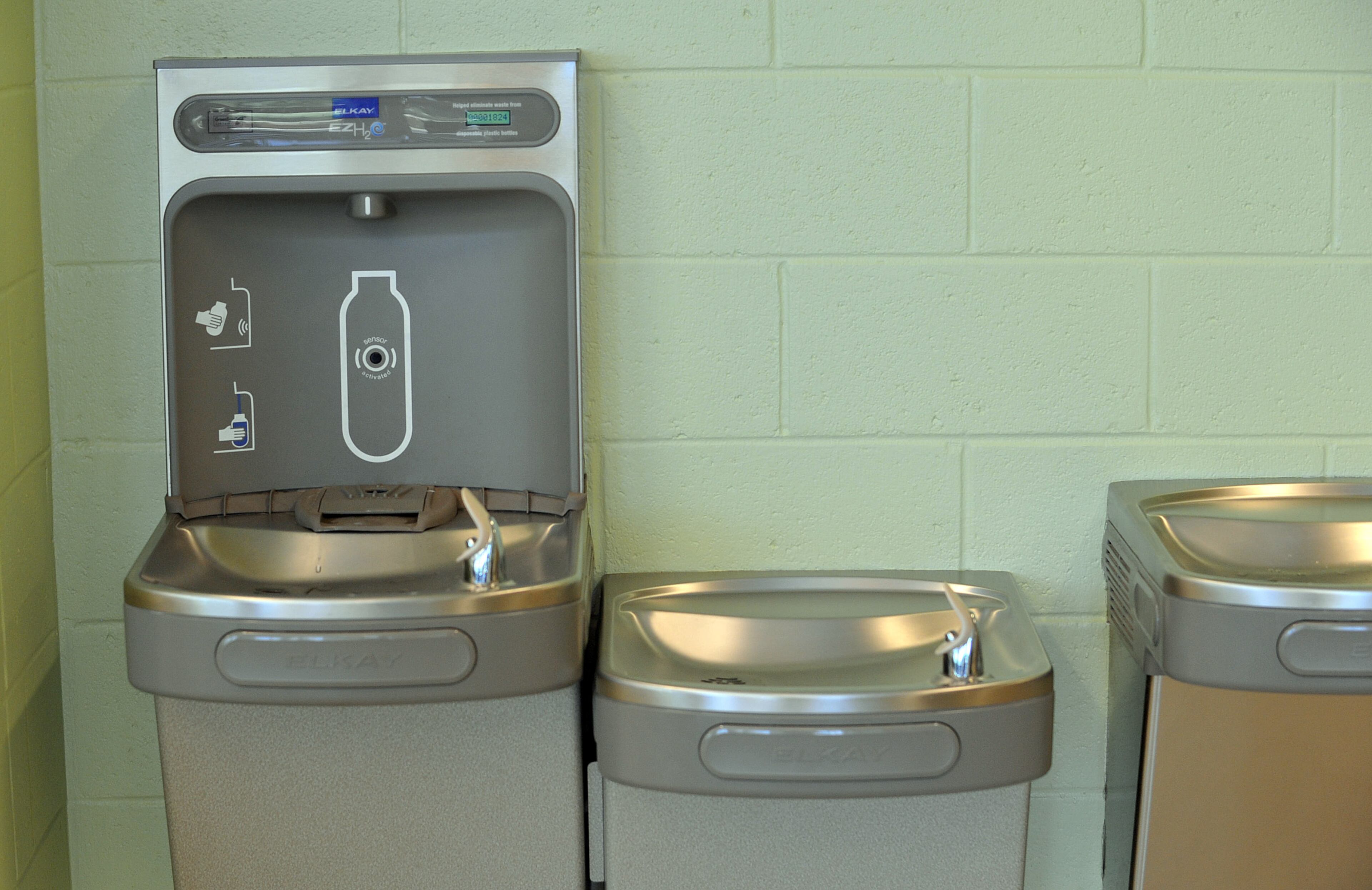 There are several water bottle filling stations around the building. They feature a counter which tells students how many bottles have been filled.