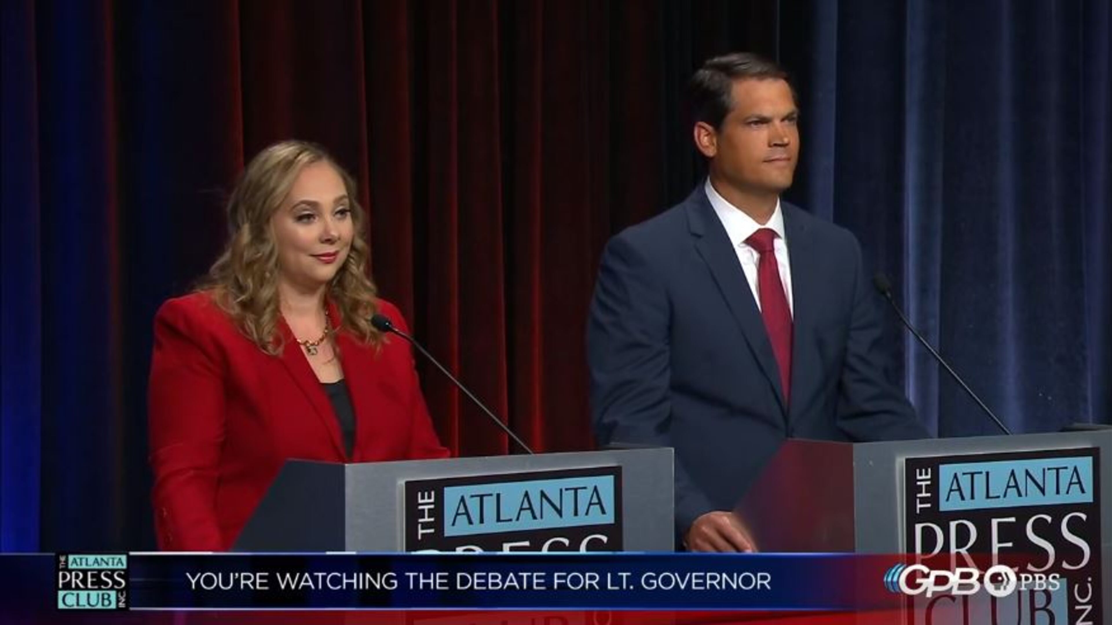 Democrat Sarah Riggs Amico and Geoff Duncan, a Republican, are running for lieutenant governor. Atlanta Press Club screenshot.