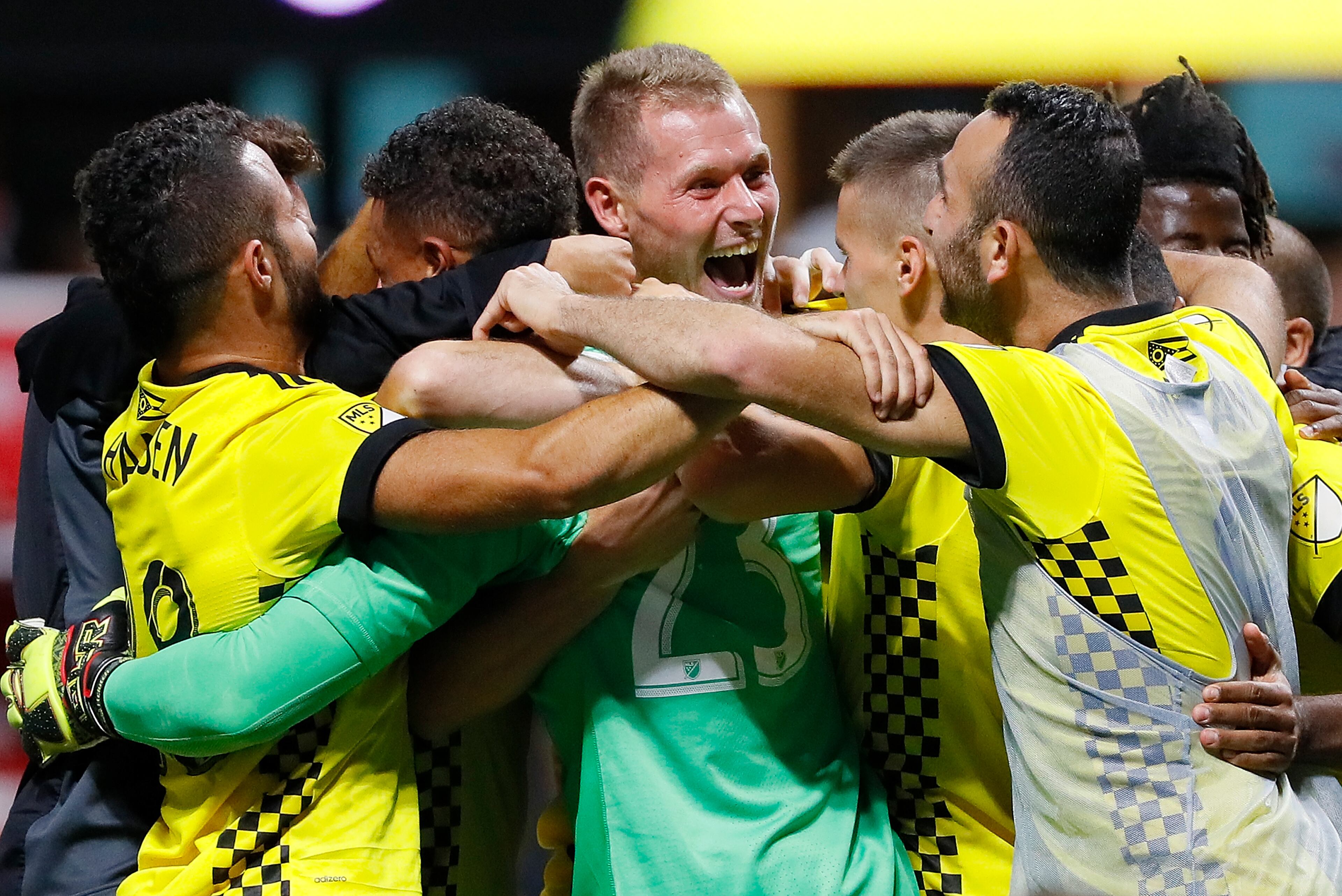 ATLANTA, GA - OCTOBER 26: Adam Jahn #12 of Columbus Crew reacts after converting a penalty kick to give the Crew a win over the Atlanta United 3-1 on penalties during the Eastern Conference knockout round at Mercedes-Benz Stadium on October 26, 2017 in Atlanta, Georgia. (Photo by Kevin C. Cox/Getty Images)