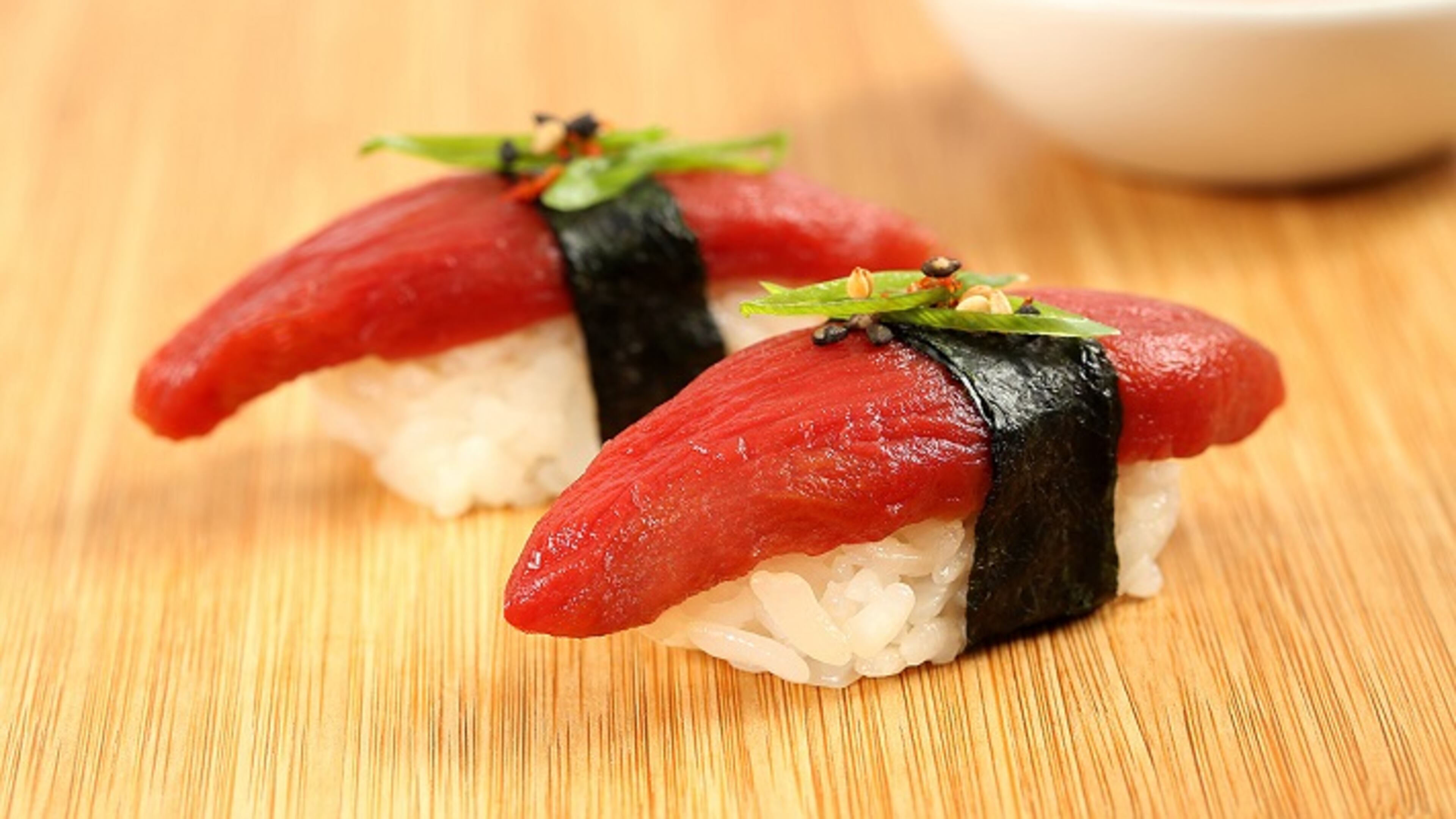 The new vegan "tuna" product Ahimi is seen on top of sushi rice as classic nigiri. The vegan "sushi" will be available at select Whole Foods markets Nov. 1. (Lou Manna)