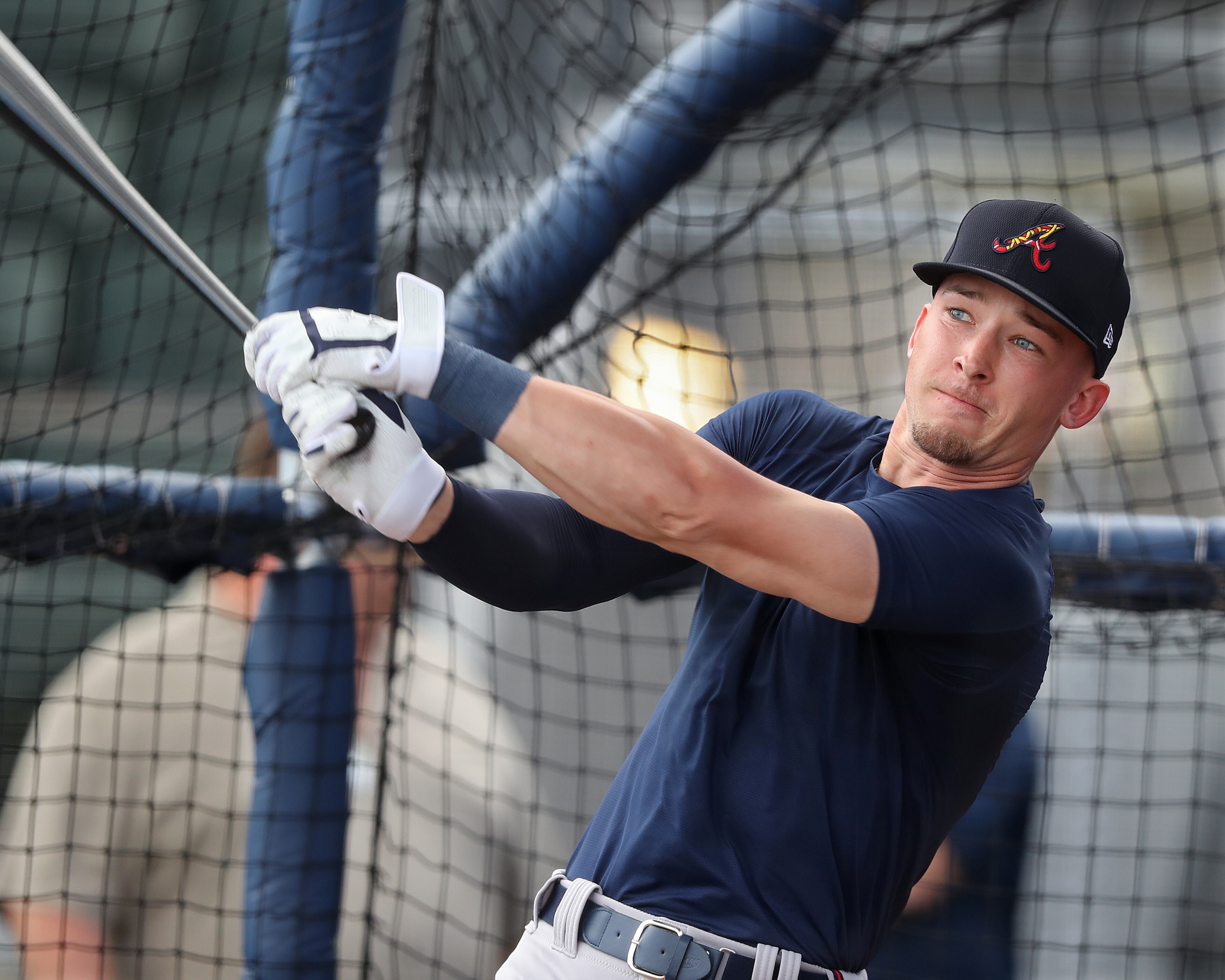 Waters rips a pitch to left field during his batting practice session. (Curtis Compton/ccompton@ajc.com)