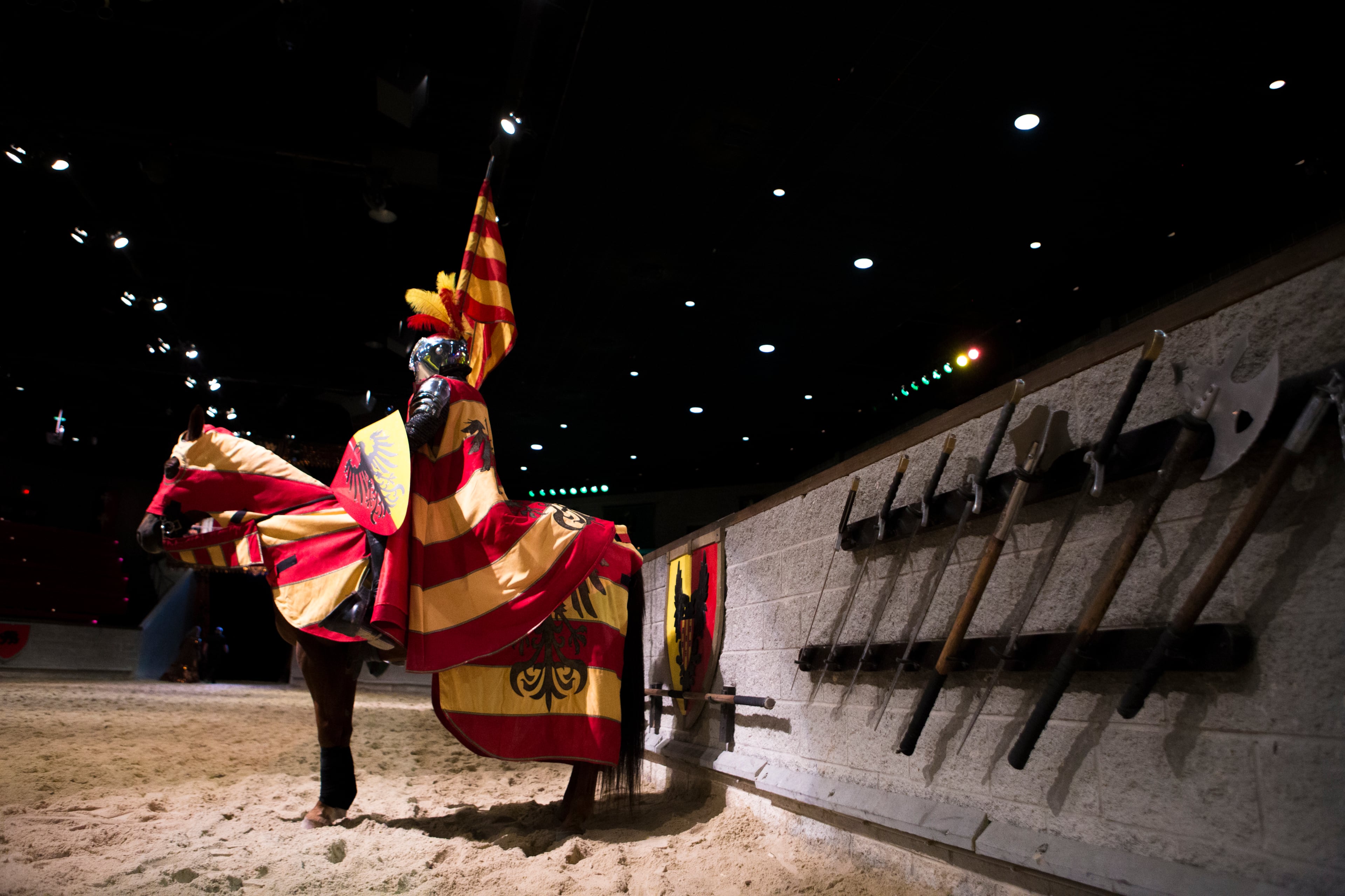 11-9-18 - Lawrenceville, GA - A knight sits on his horse as they practice during a media tour of Medieval Times Dinner & Tournament hours before the new show's opening night at Sugarloaf Mills in Lawrenceville, Ga., on Friday, Nov. 9, 2018. For the first time in its nearly 35 year history, the show is introducing a queen into its performance. (Casey Sykes for The Atlanta Journal-Constitution)