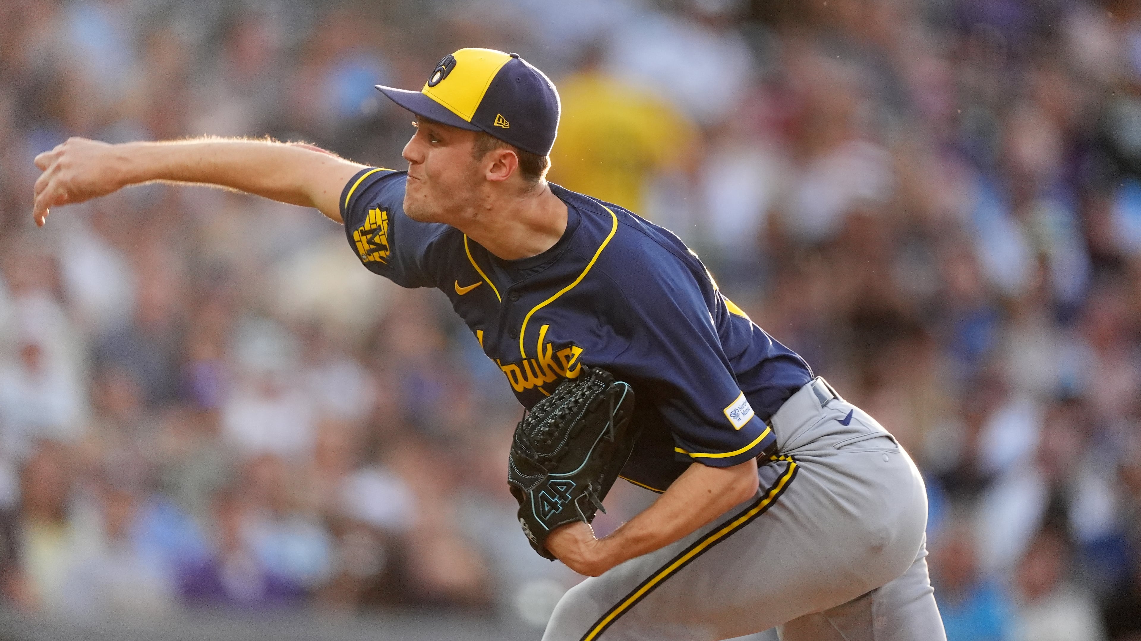 Milwaukee Brewers starting pitcher Jacob Misiorowski works against the Colorado Rockies in the second inning of a baseball game Saturday, June 6, 2026, in Denver. (AP Photo/David Zalubowski)