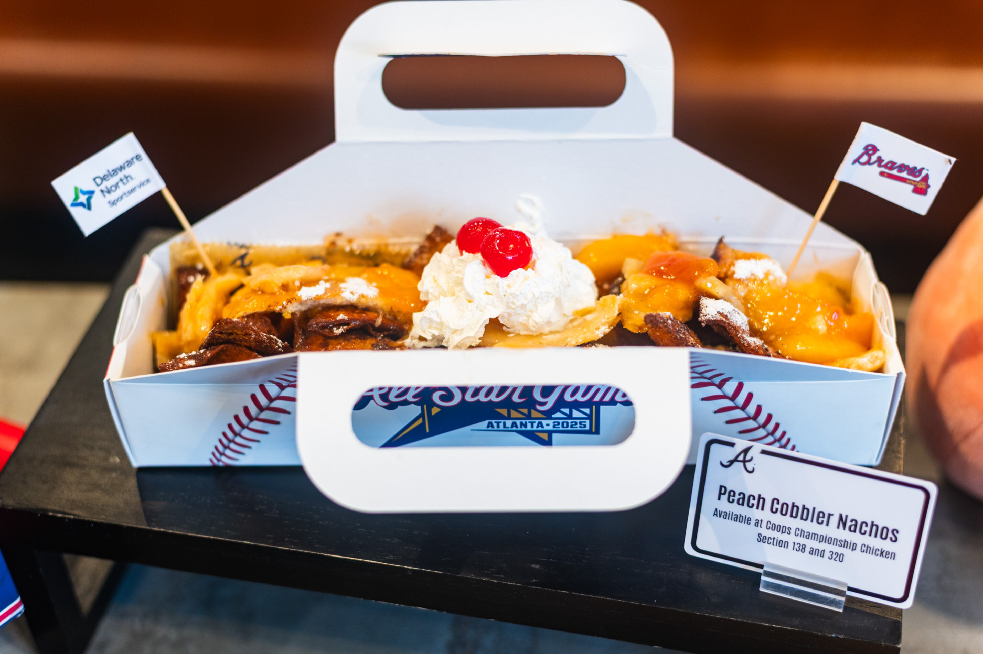 A dessert option: Peach cobbler nachos, with peach cobbler topping fried strips of flour tortillas tossed in cinnamon sugar. (Henri Hollis / henri.hollis@ajc.com)