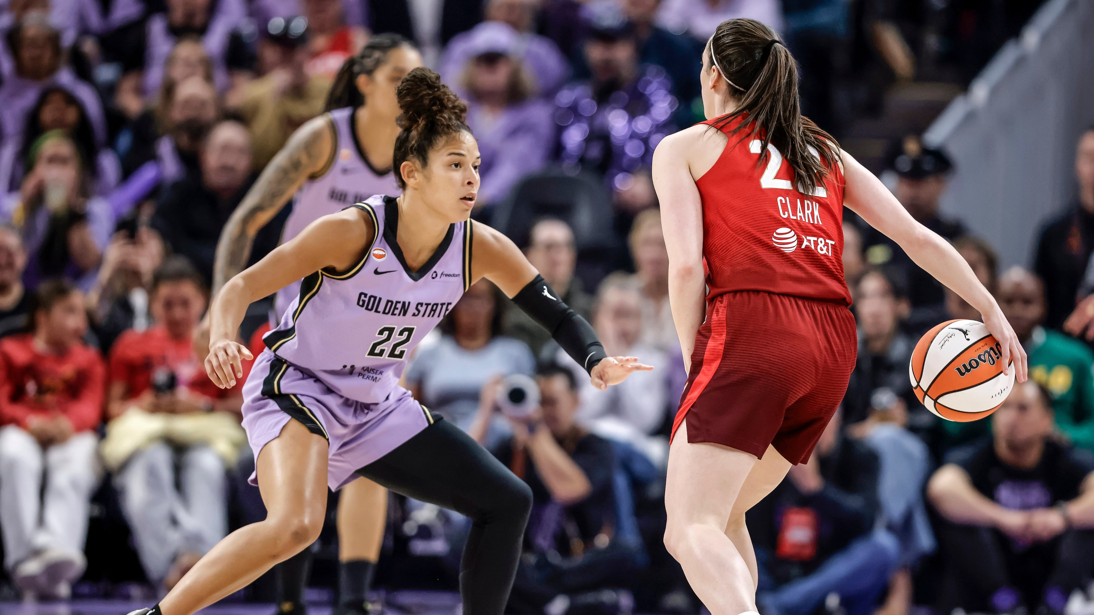Indiana Fevers' Caitlin Clark (22) drives to the basket against Golden State Valkyries' Veronica Burton (22) during the first half of a WNBA basketball game in San Francisco on Thursday, May 28, 2026. (Carlos Avila Gonzalez/San Francisco Chronicle via AP)